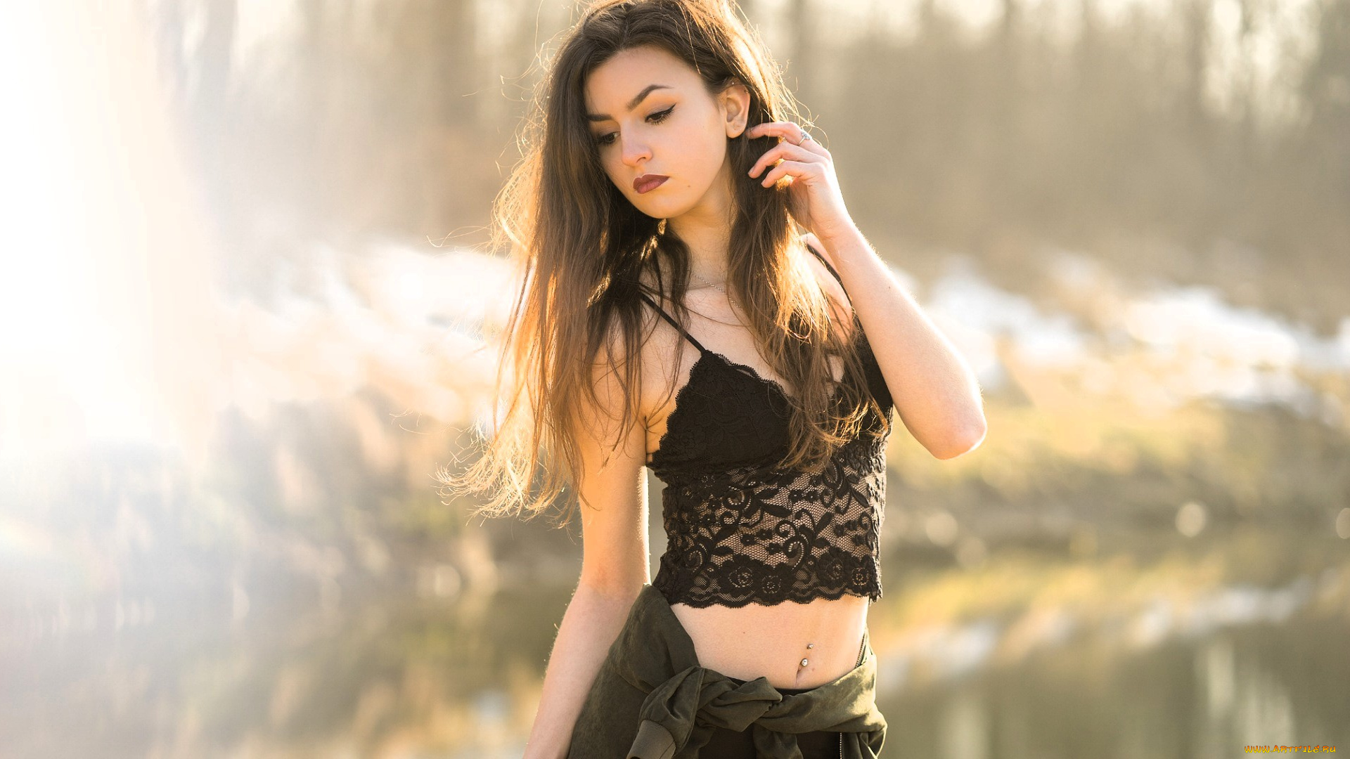 девушки, -, брюнетки, , шатенки, шатенка, топ, пирсинг, кофта, природа