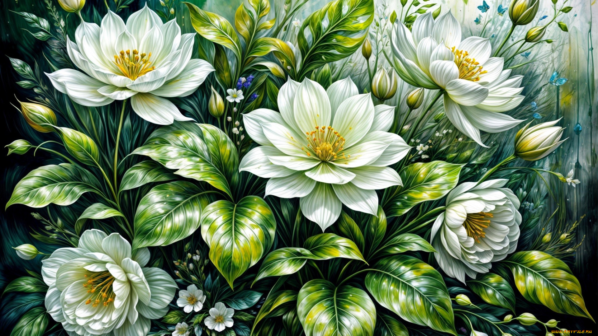 рисованное, цветы, листья, бутоны