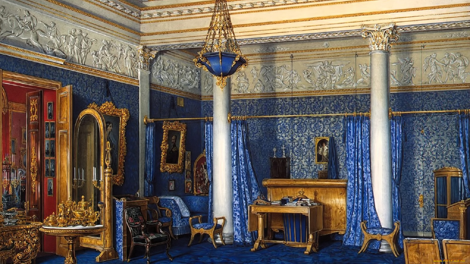 рисованное, эдуард, гау, интерьер, комната, дворец, лепнина, люстра, мебель, зеркало, дверь