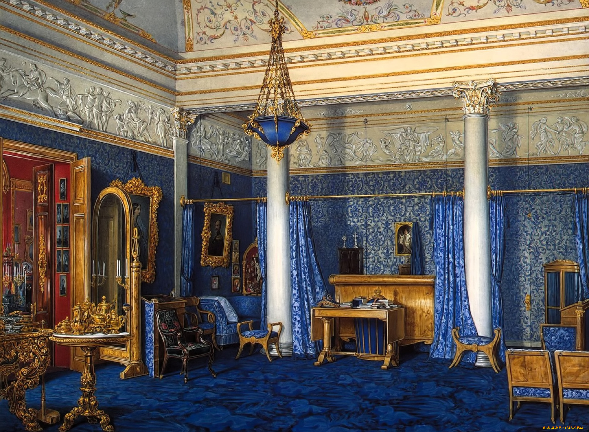 рисованное, эдуард, гау, интерьер, комната, дворец, лепнина, люстра, мебель, зеркало, дверь