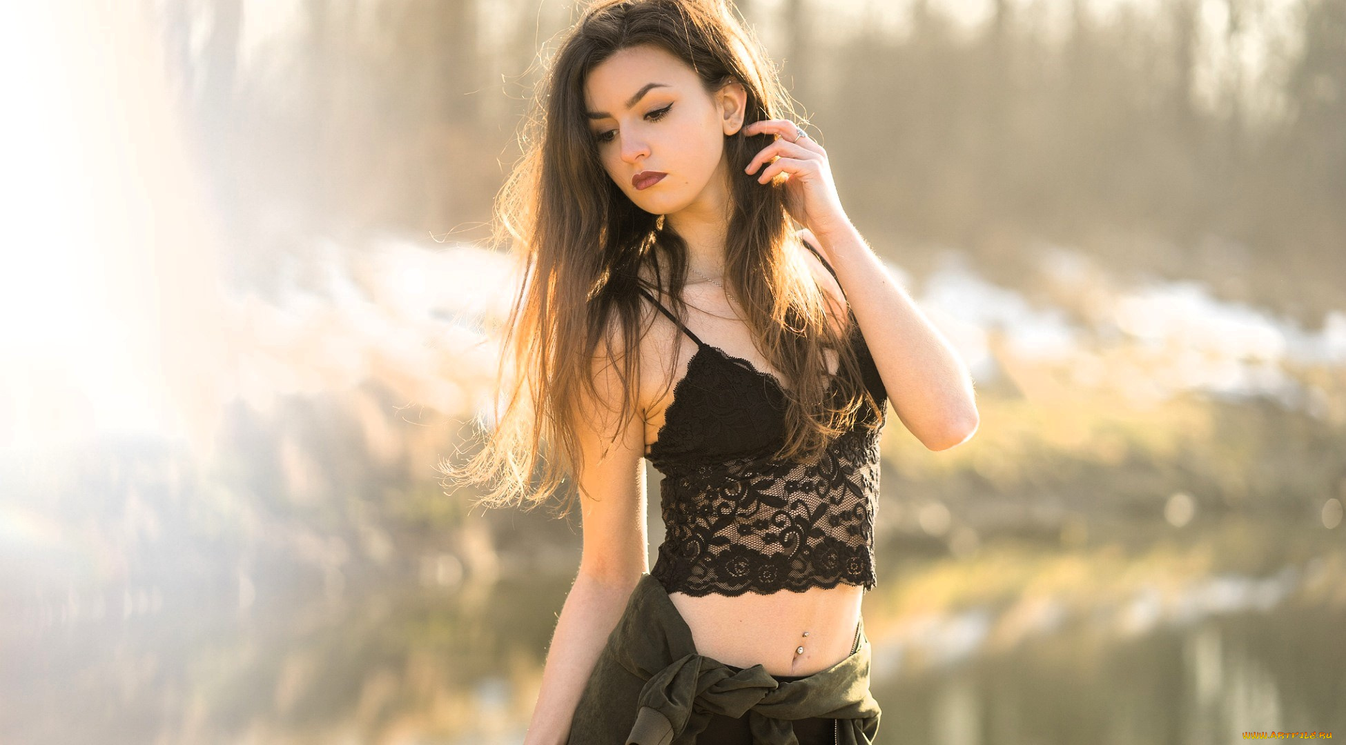 девушки, -, брюнетки, , шатенки, шатенка, топ, пирсинг, кофта, природа