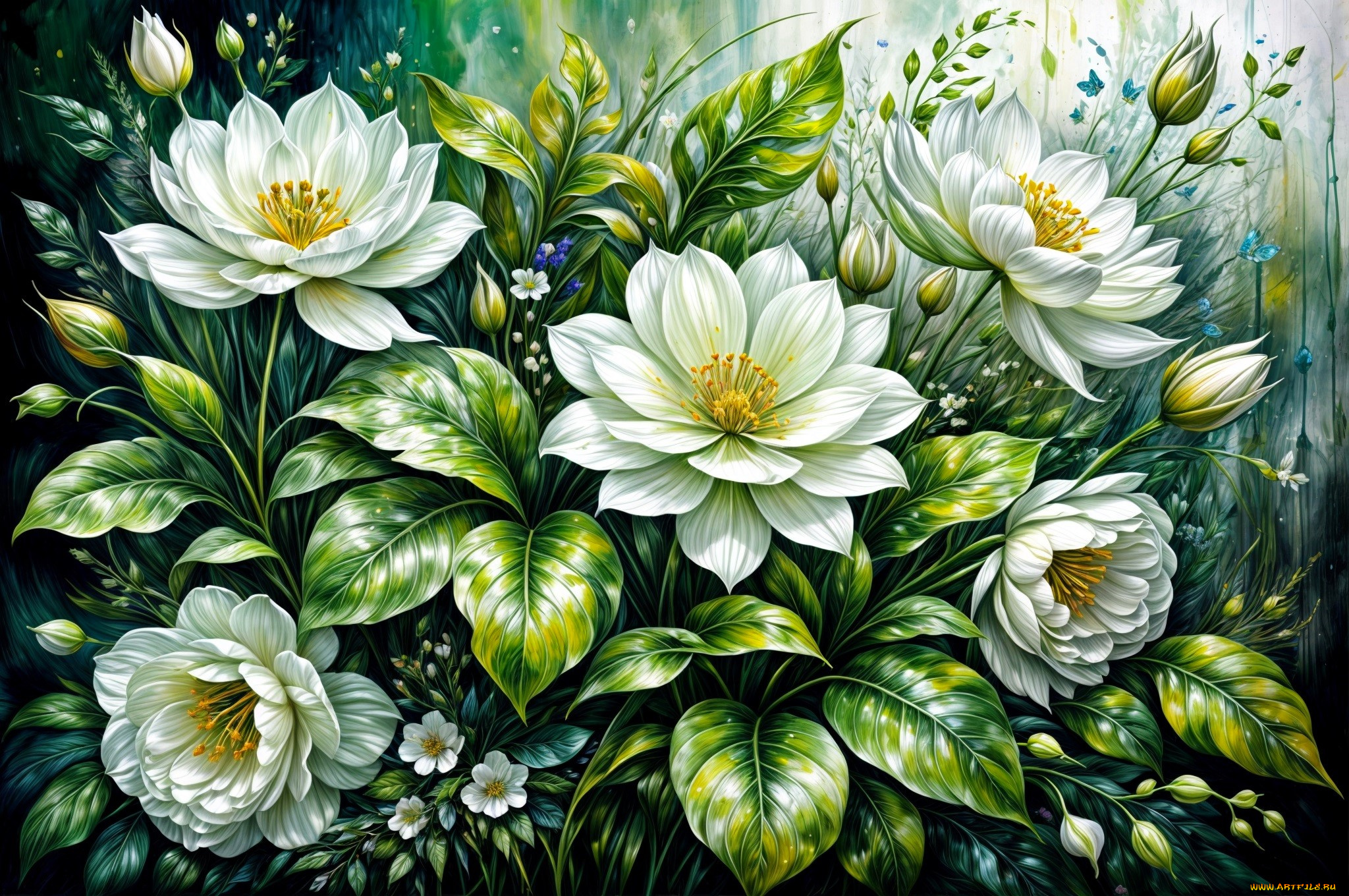 рисованное, цветы, листья, бутоны