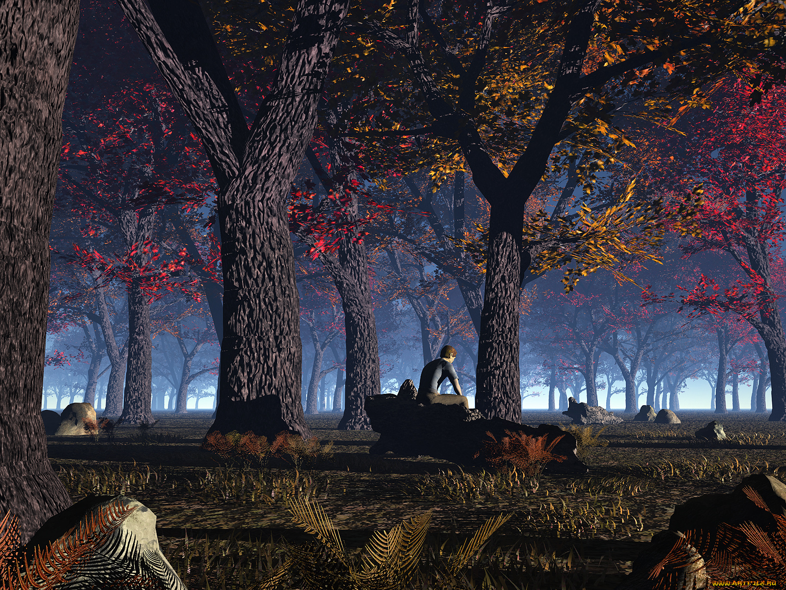 3д, графика, nature, landscape, природа, лес, камни, мужчина