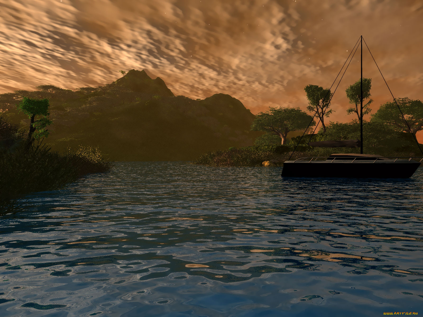 3д, графика, sea, undersea, море, залив, яхта, вечер, берег