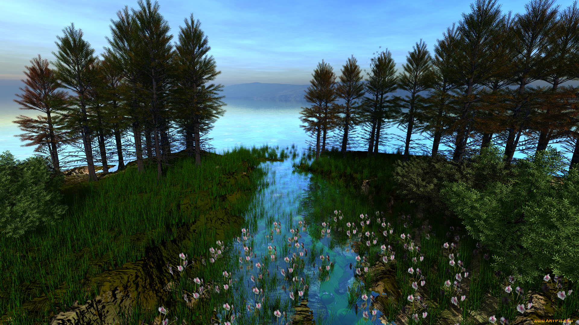 3д, графика, nature, landscape, природа, цветы, вода, дедевья