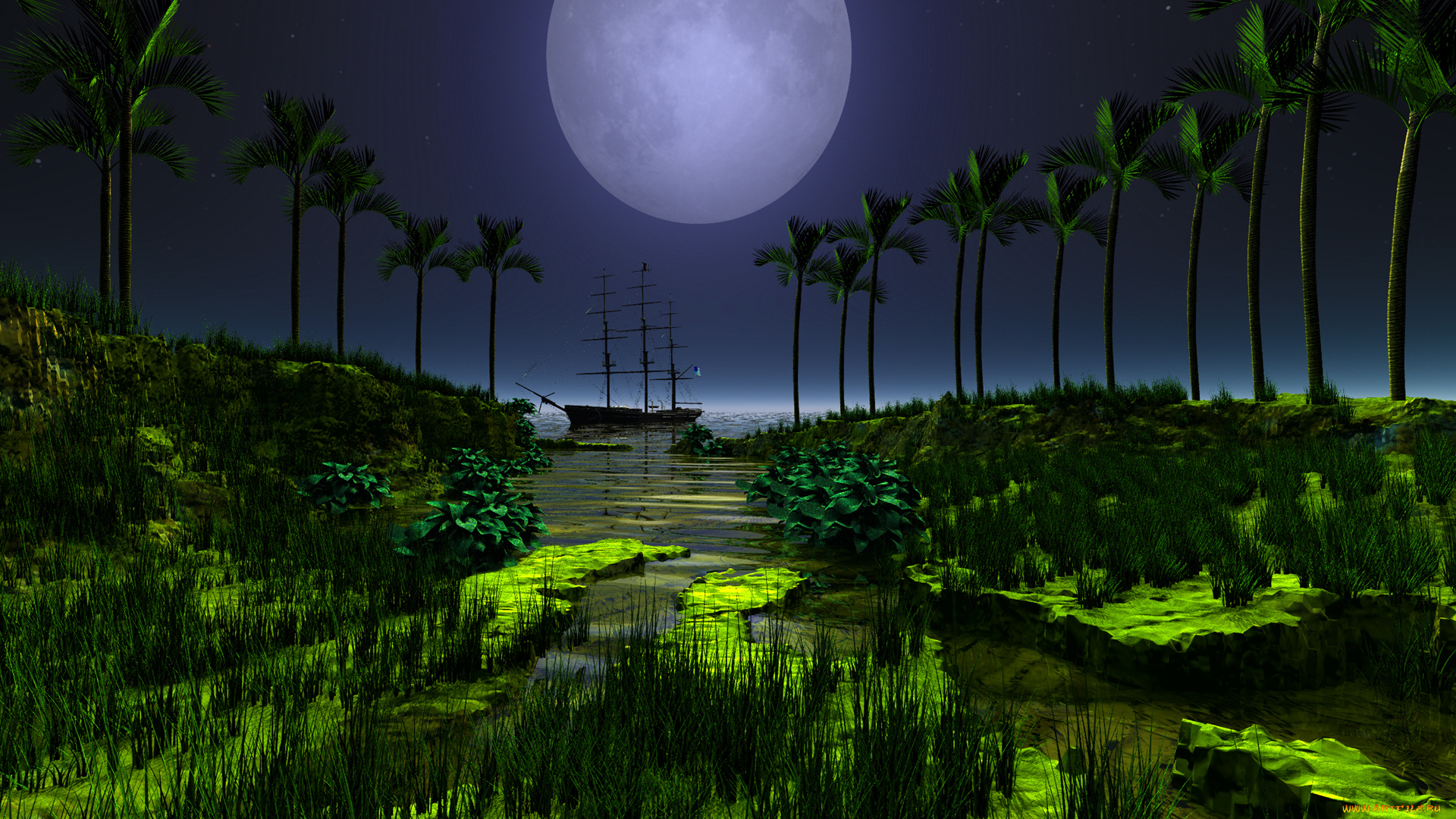 3д, графика, nature, landscape, природа, ночь, море, парусник, луна, пальмы