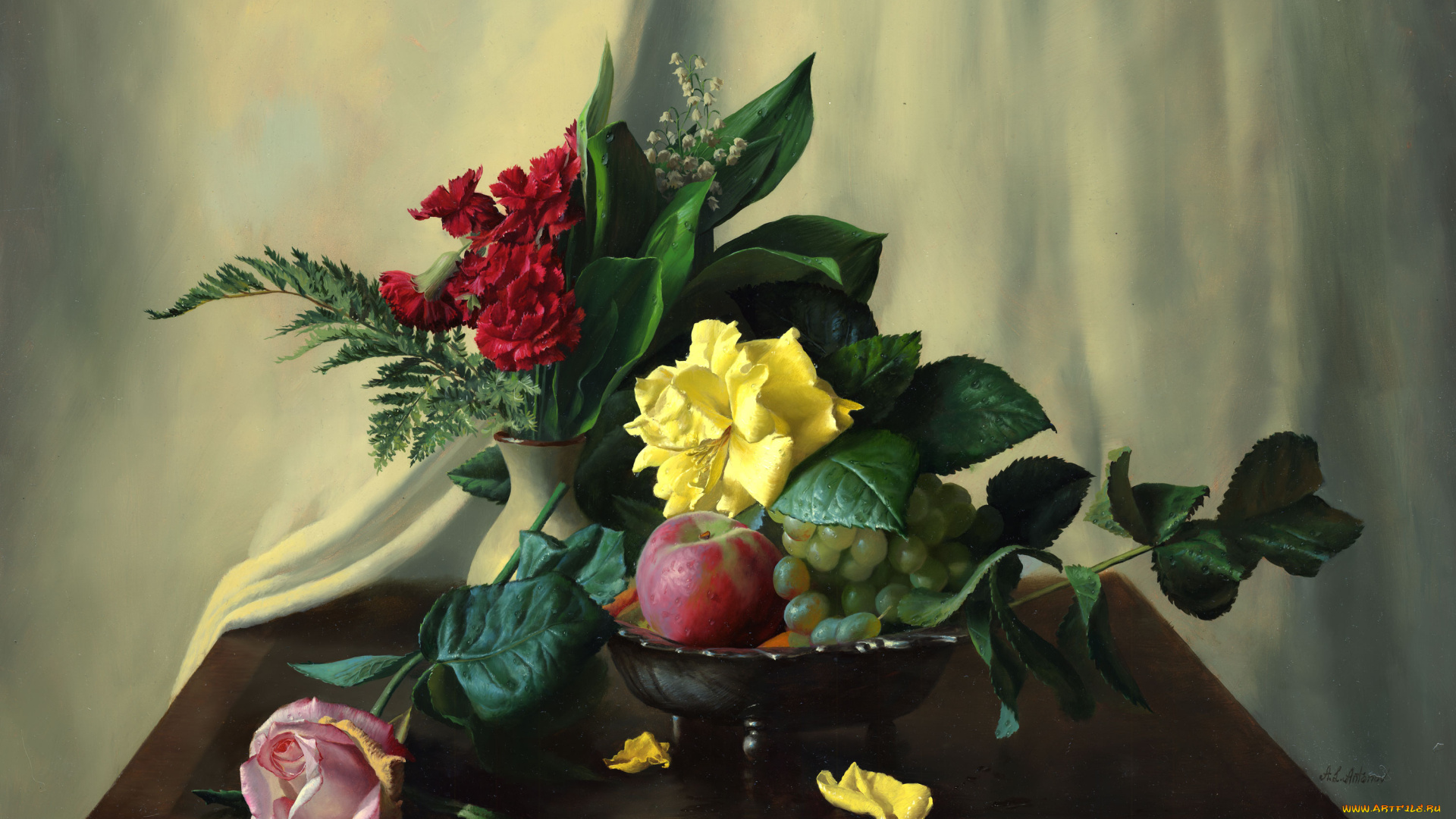 алексей, антонов, рисованные, гвоздика, виноград, ваза, яблоко, роза