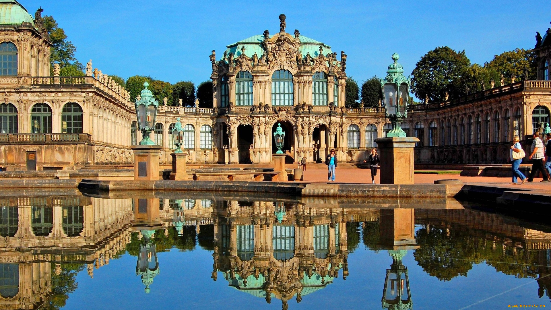 дворец, цвингер, дрезден, германия, города, вода, небо, купол, лепнина, фонари