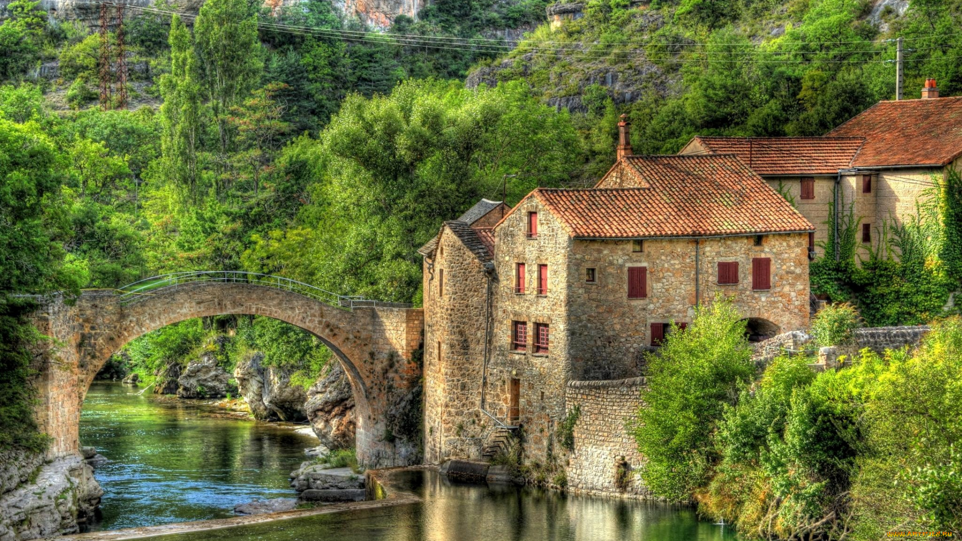 мулен, де, кор, лангедок, франция, города, мосты, здание, мост, река, каменный