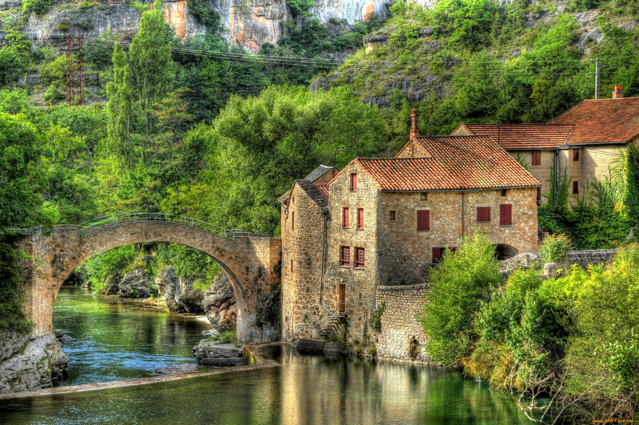 мулен, де, кор, лангедок, франция, города, мосты, здание, мост, река, каменный