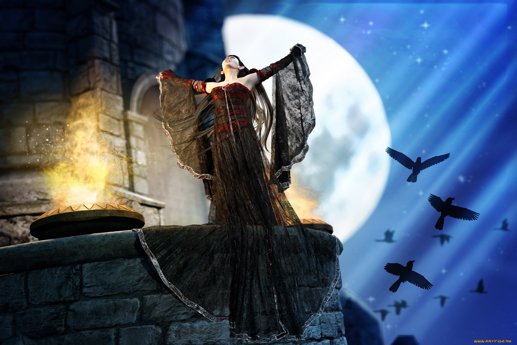 3д, графика, fantasy, фантазия, птицы, скала, девушка