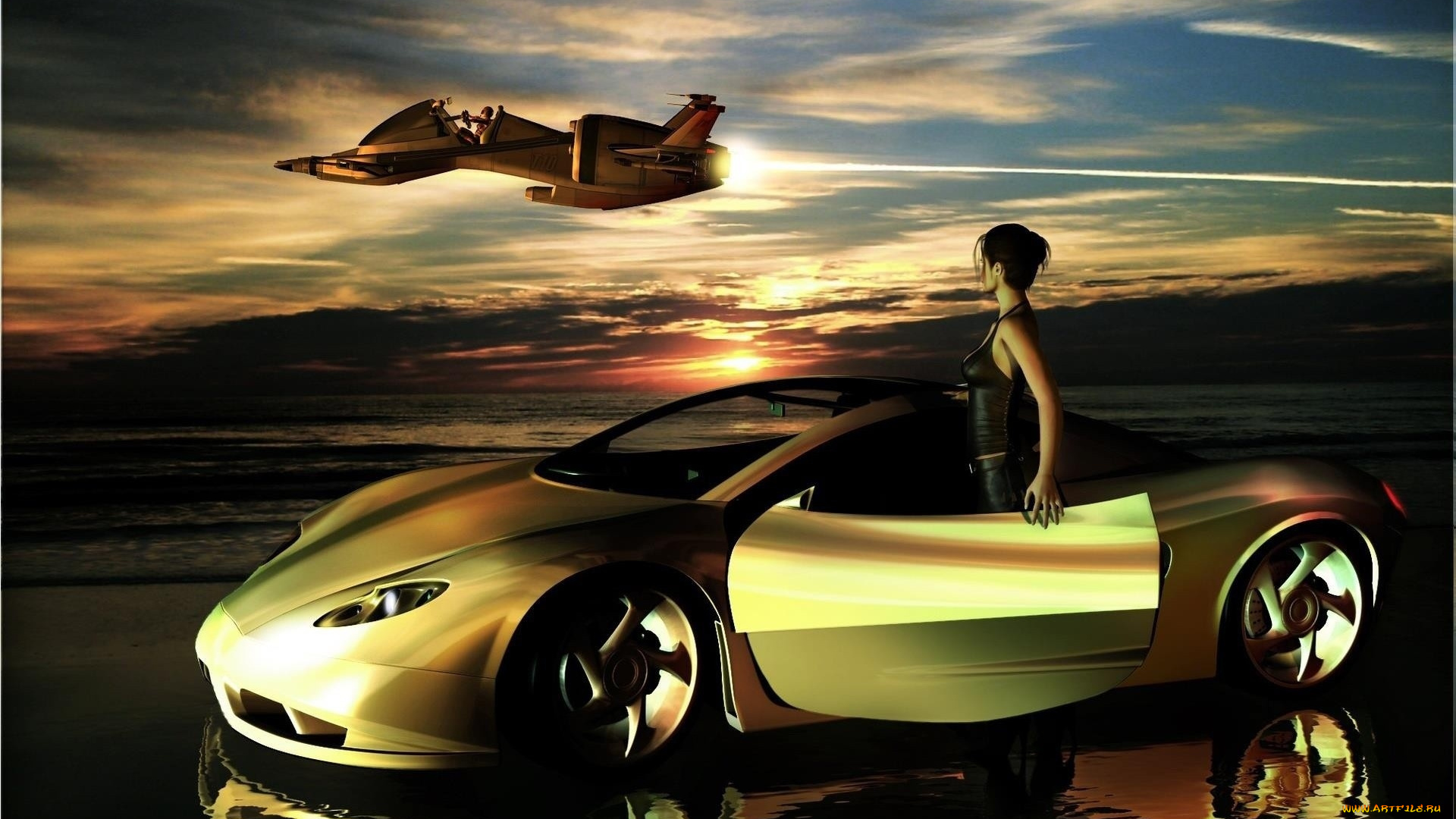 3д, графика, fantasy, фантазия, земля, облака, небо, летчик, самолет, девушка, автомобиль