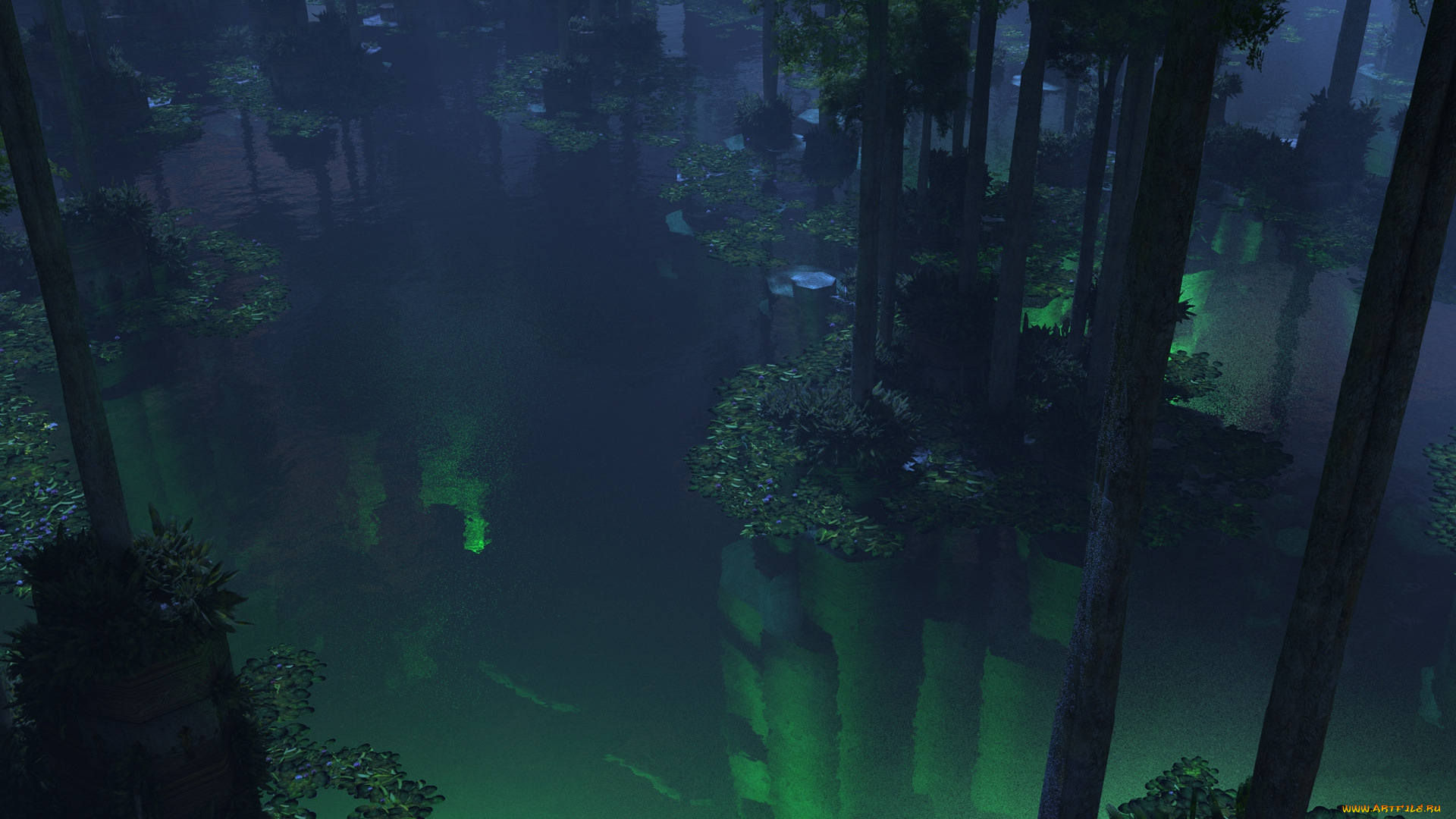 3д, графика, nature, landscape, природа, отражение, вода, лес, ночь