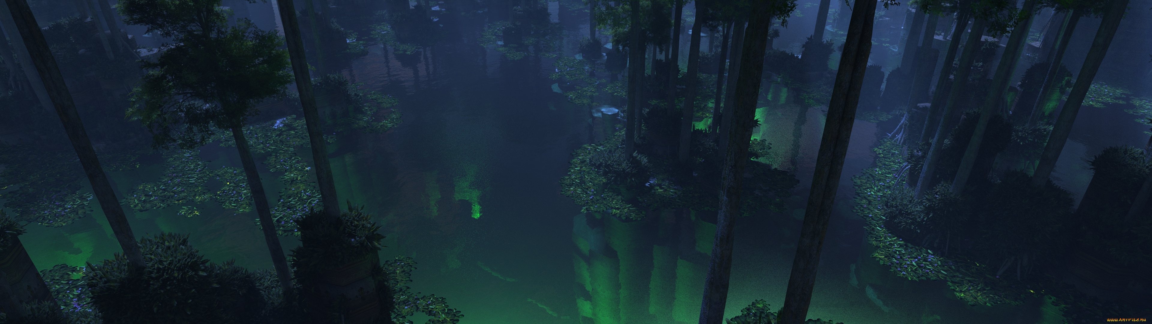 3д, графика, nature, landscape, природа, отражение, вода, лес, ночь