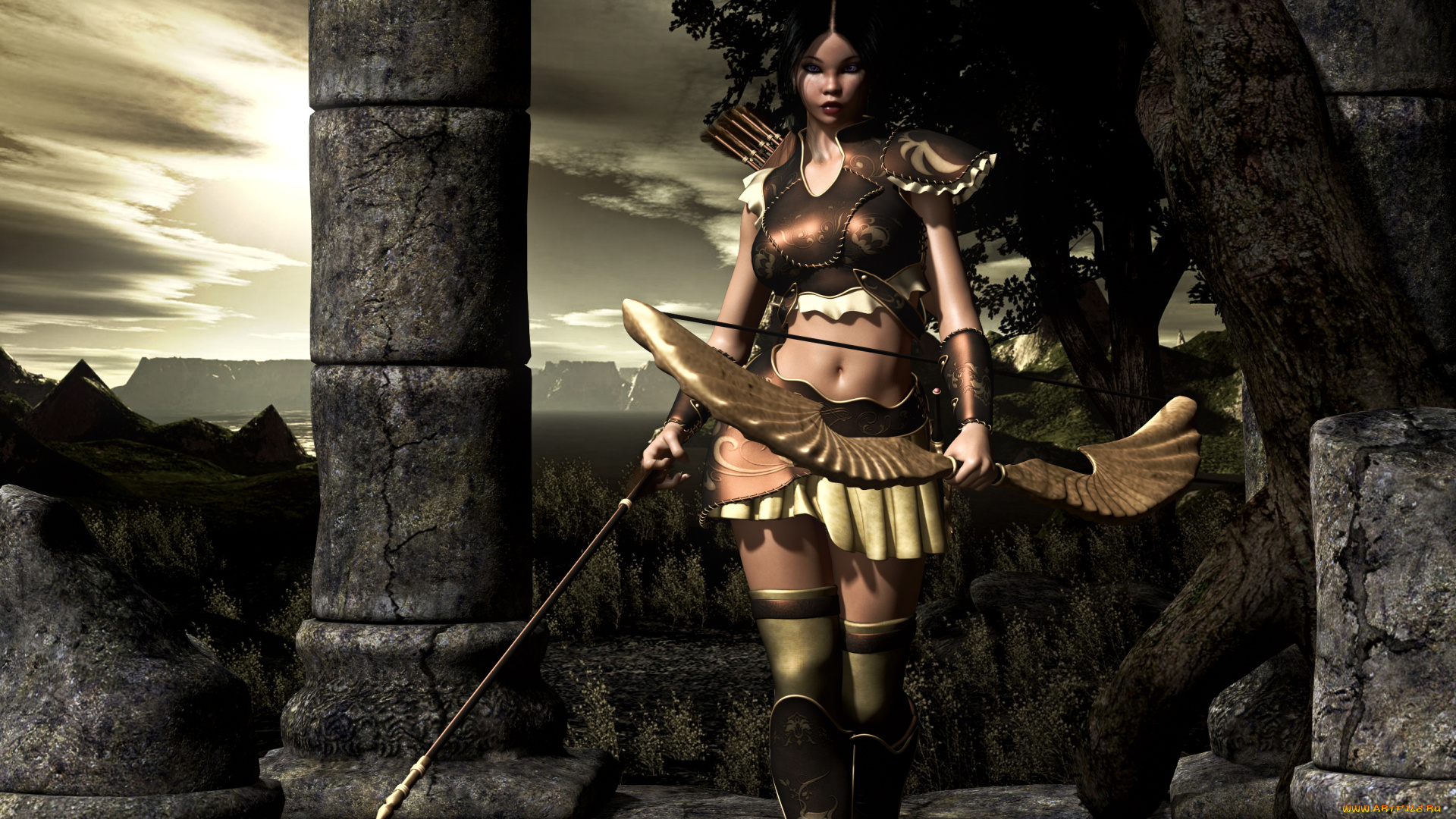 3д, графика, amazon, амазонки, доспехи, стрелы, лук, девушка