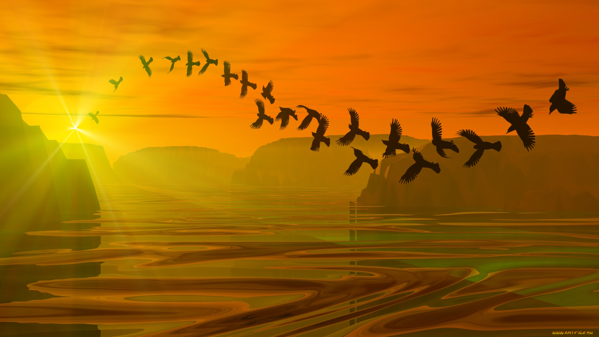 3д, графика, animals, животные, птицы, горы, вода