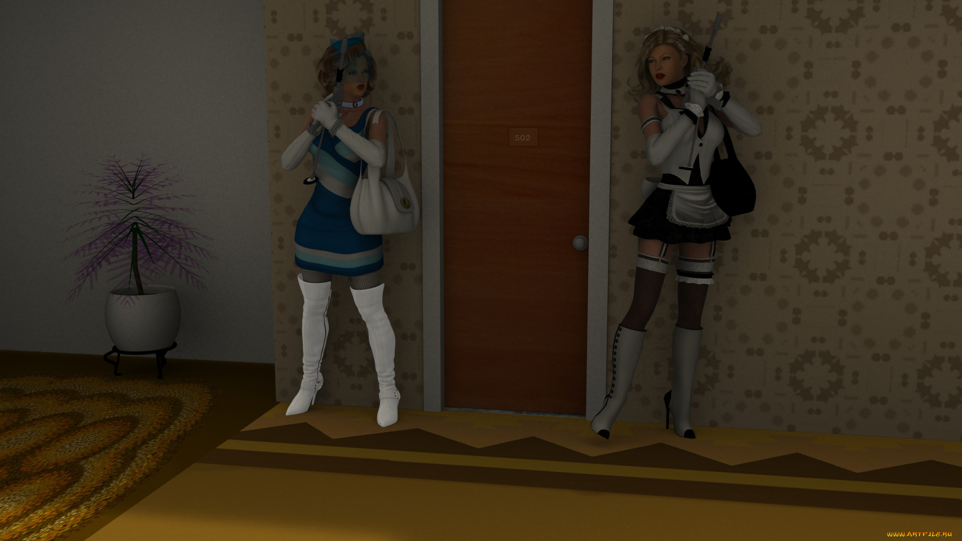 3д, графика, people, люди, дверь, оружие, девушки