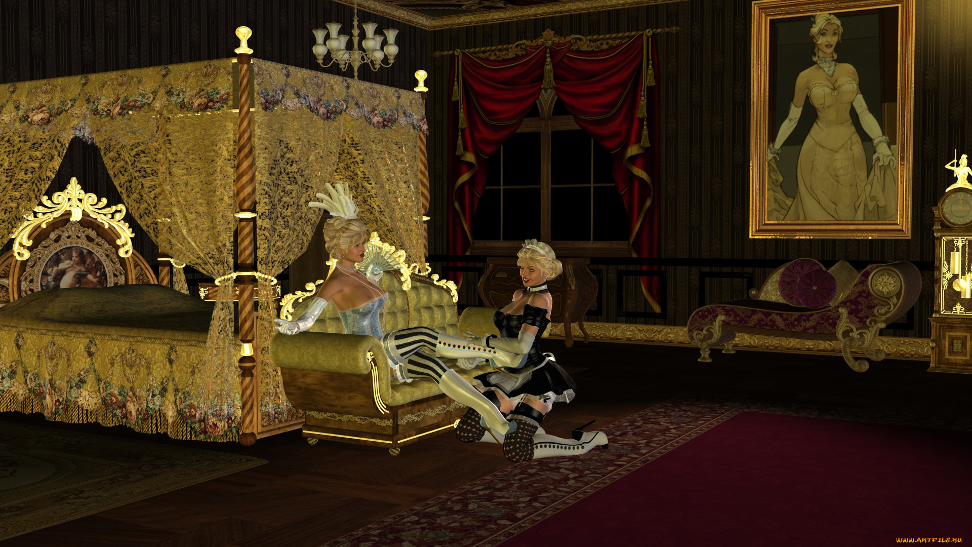 3д, графика, people, люди, комната, кровать, картина, диван, девушки