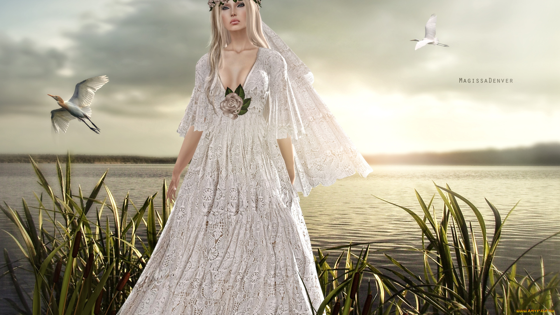 3д, графика, people, люди, озеро, цапли, венок, платье