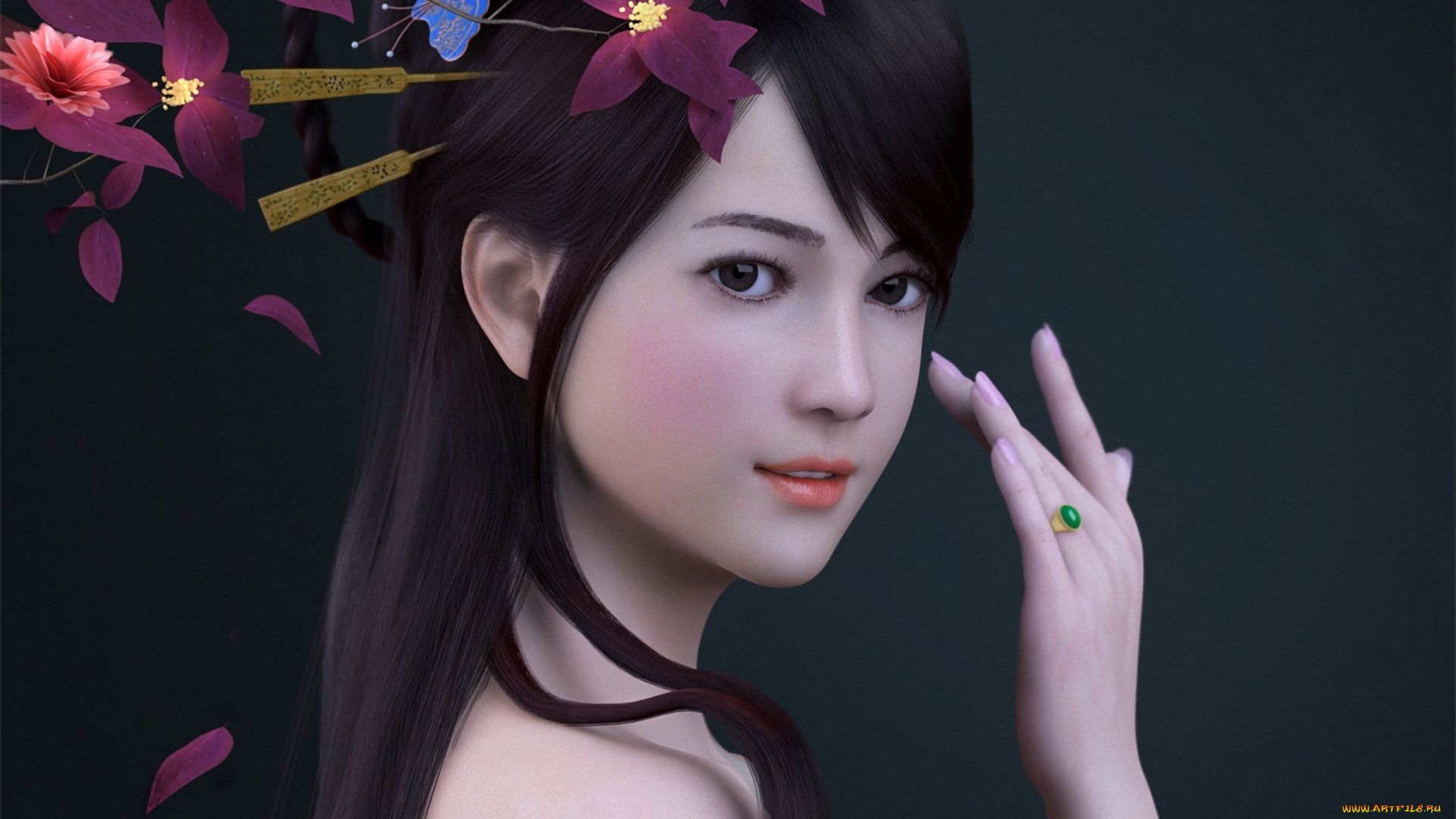 3д, графика, people, люди, рендер, zhang, qiang, девушка, азиатка, рука, цветы, кольцо