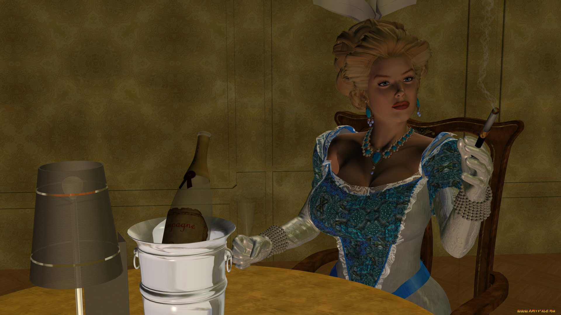 3д, графика, people, люди, стол, сигарета, вино