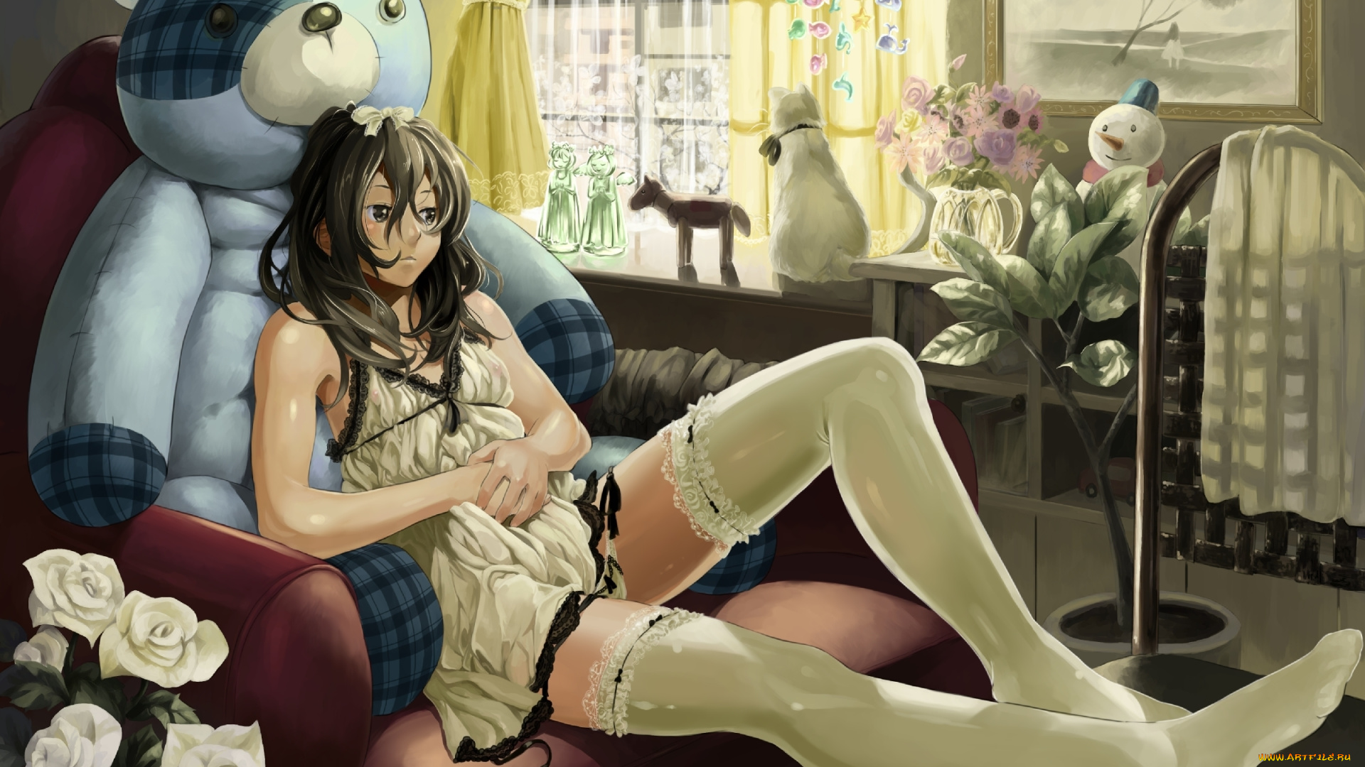 аниме, *unknown, другое, медведь, чулки, пеньюар, девушка