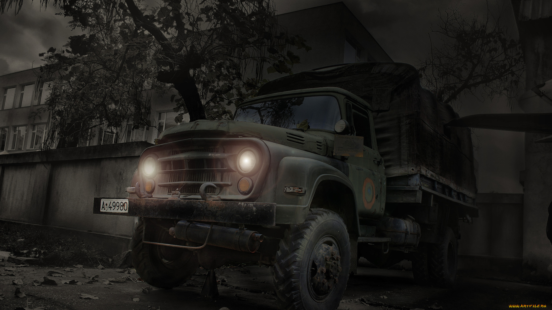 автомобили, грузовики, здание, дерево, забор