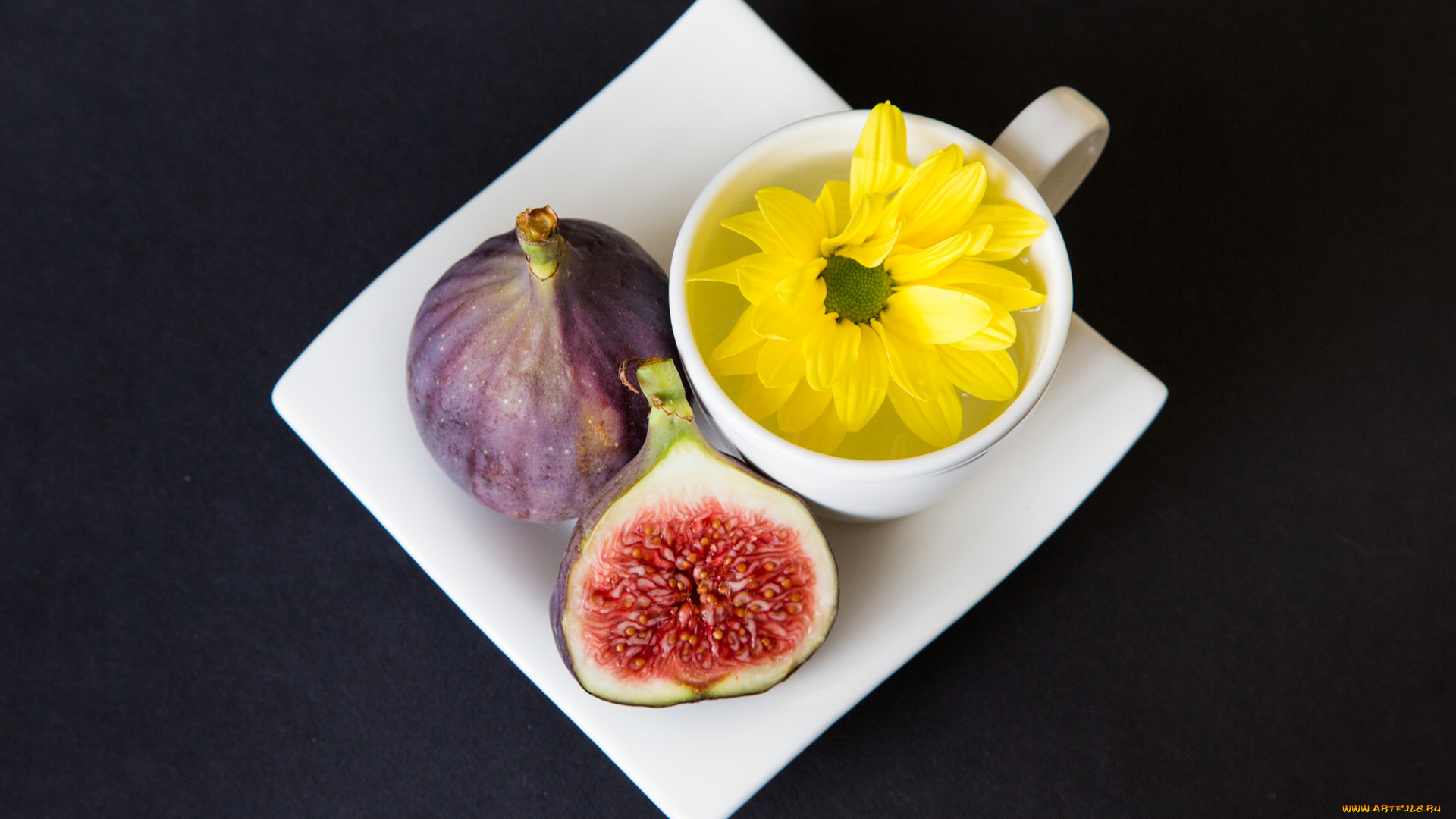 еда, инжир, чашка, белая, цветок, желтый, ягоды