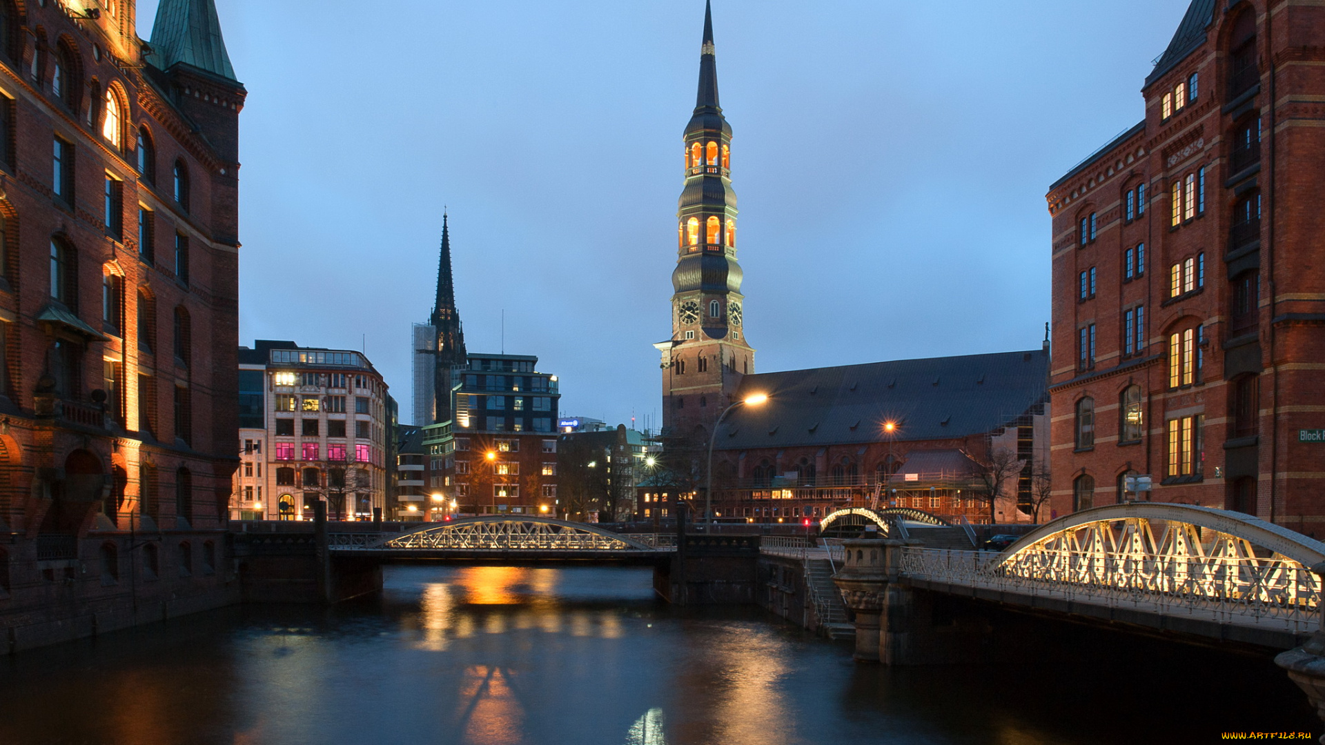 гамбург, города, огни, ночного, ночь, река, дома, мост