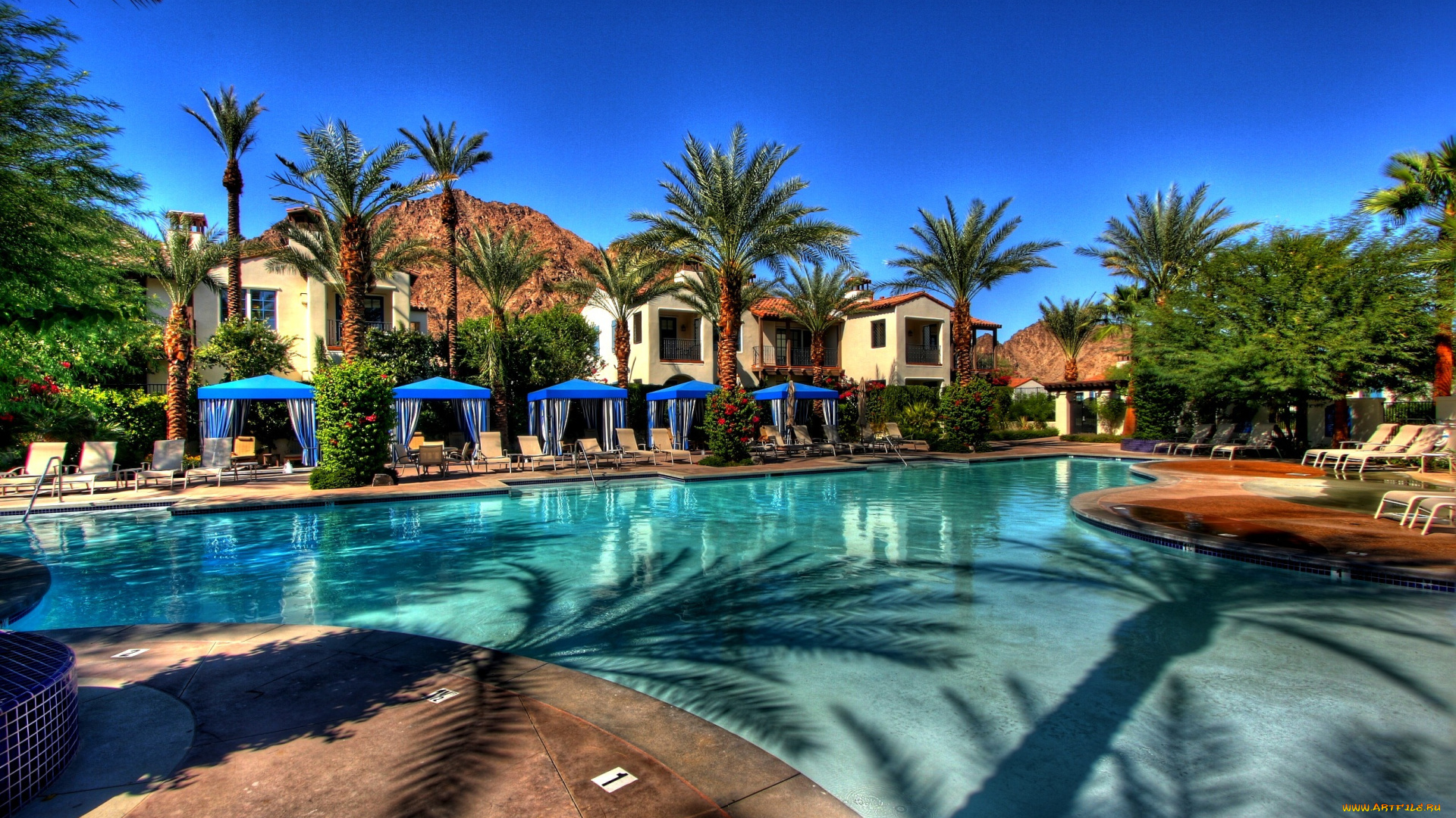 интерьер, бассейны, открытые, площадки, exterior, villas, houses, pool, виллы, дома, бассейн, лежаки, пальмы