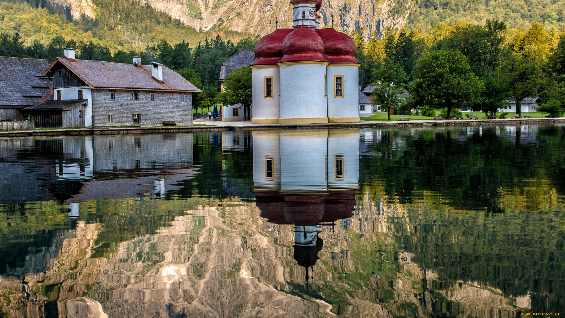 st, bartholomae, k&, 246, nigssee, bavaria, germany, города, католические, соборы, костелы, аббатства, konigssee, кёнигсзе, бавария, германия, озеро, отражение, церковь