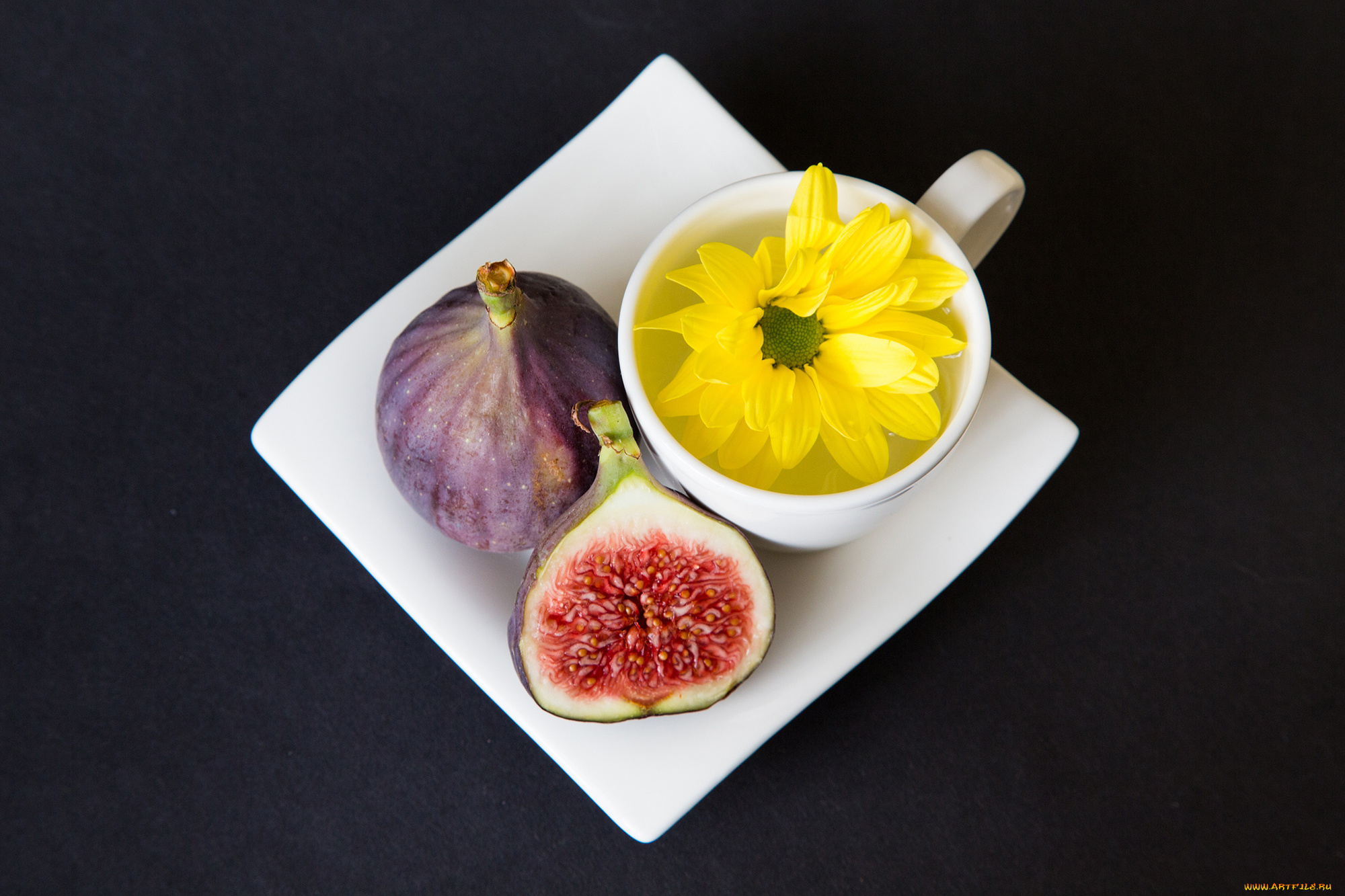 еда, инжир, чашка, белая, цветок, желтый, ягоды