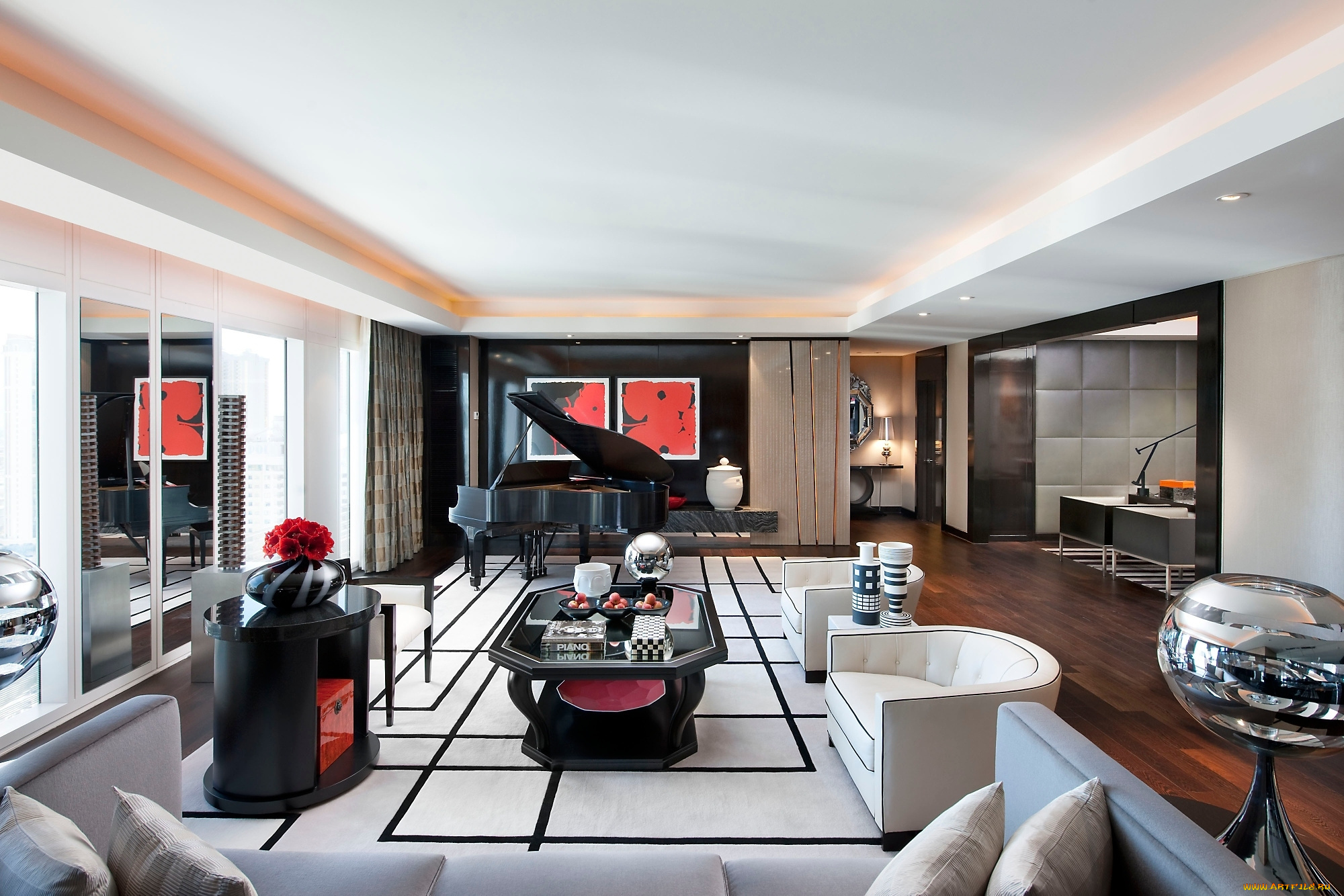 3д, графика, realism, реализм, интерьер, стиль, дизайн, белый, красный, черный, диван, столики, кресла, рояль, цветы, картины