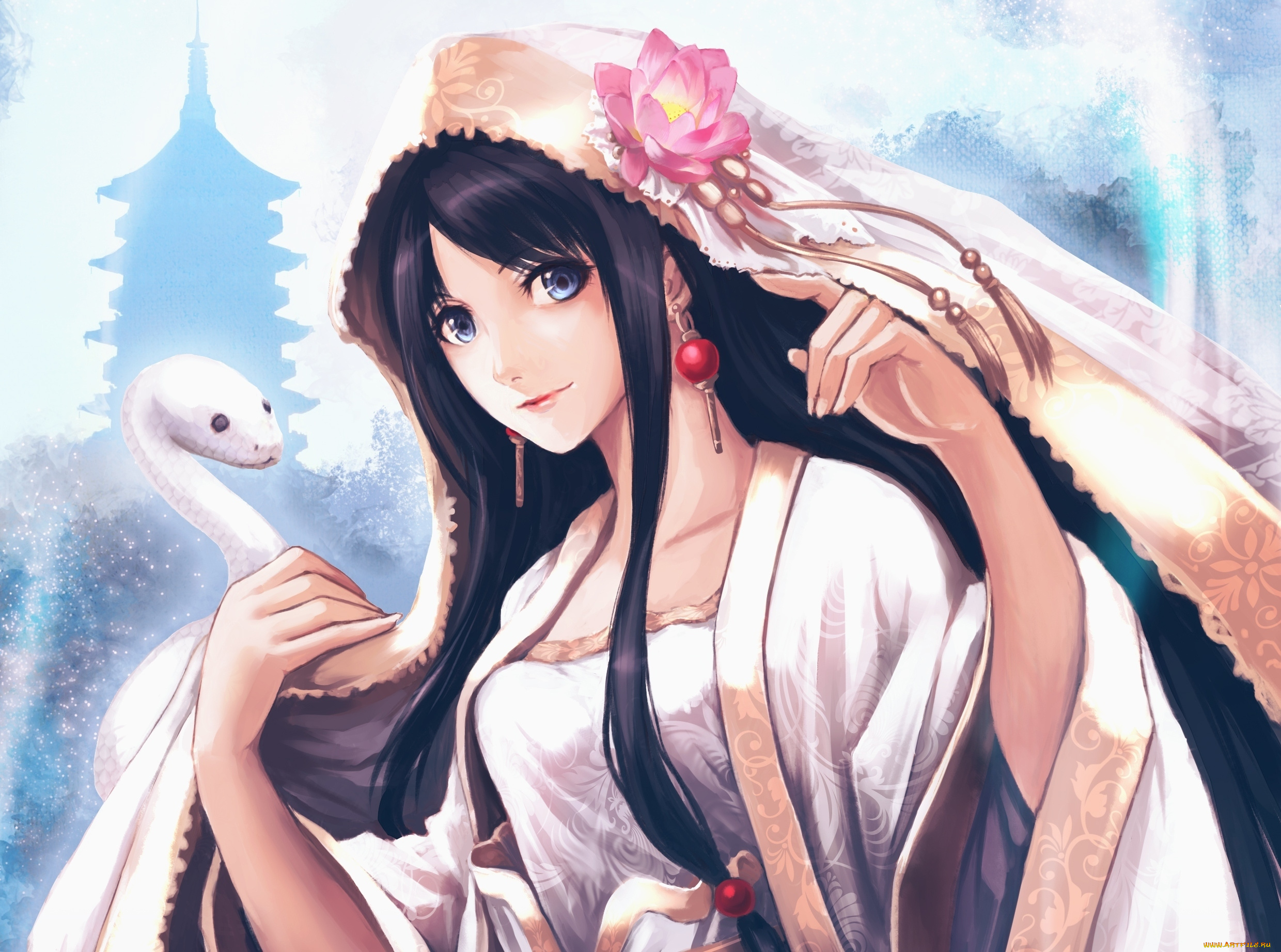 аниме, animals, цветок, змея, девушка