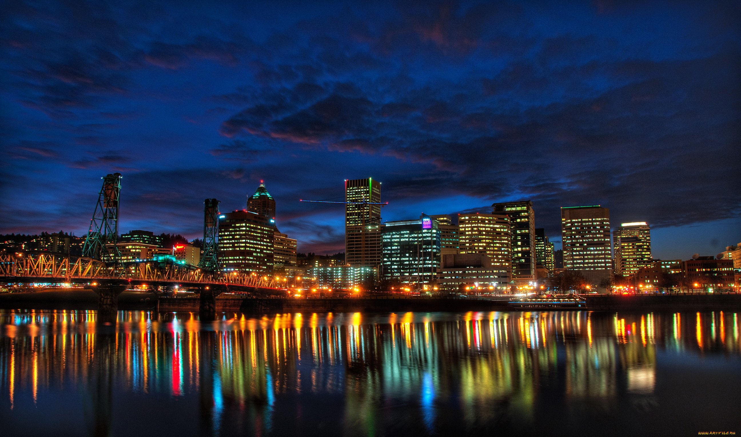 portland, oregon, usа, города, огни, ночного, usa, city, houses, night, сша, побережье, ночь, дома, мост, река