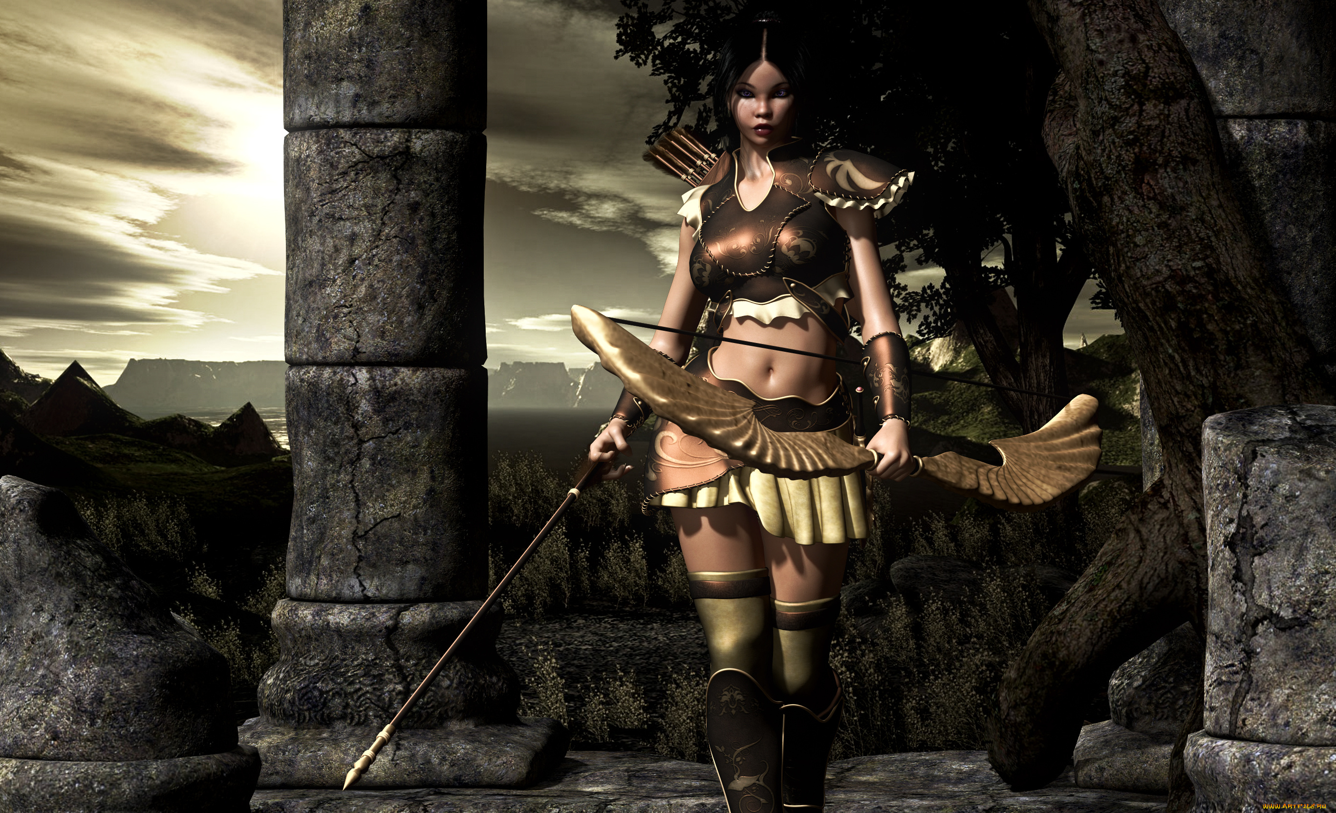 3д, графика, amazon, амазонки, доспехи, стрелы, лук, девушка