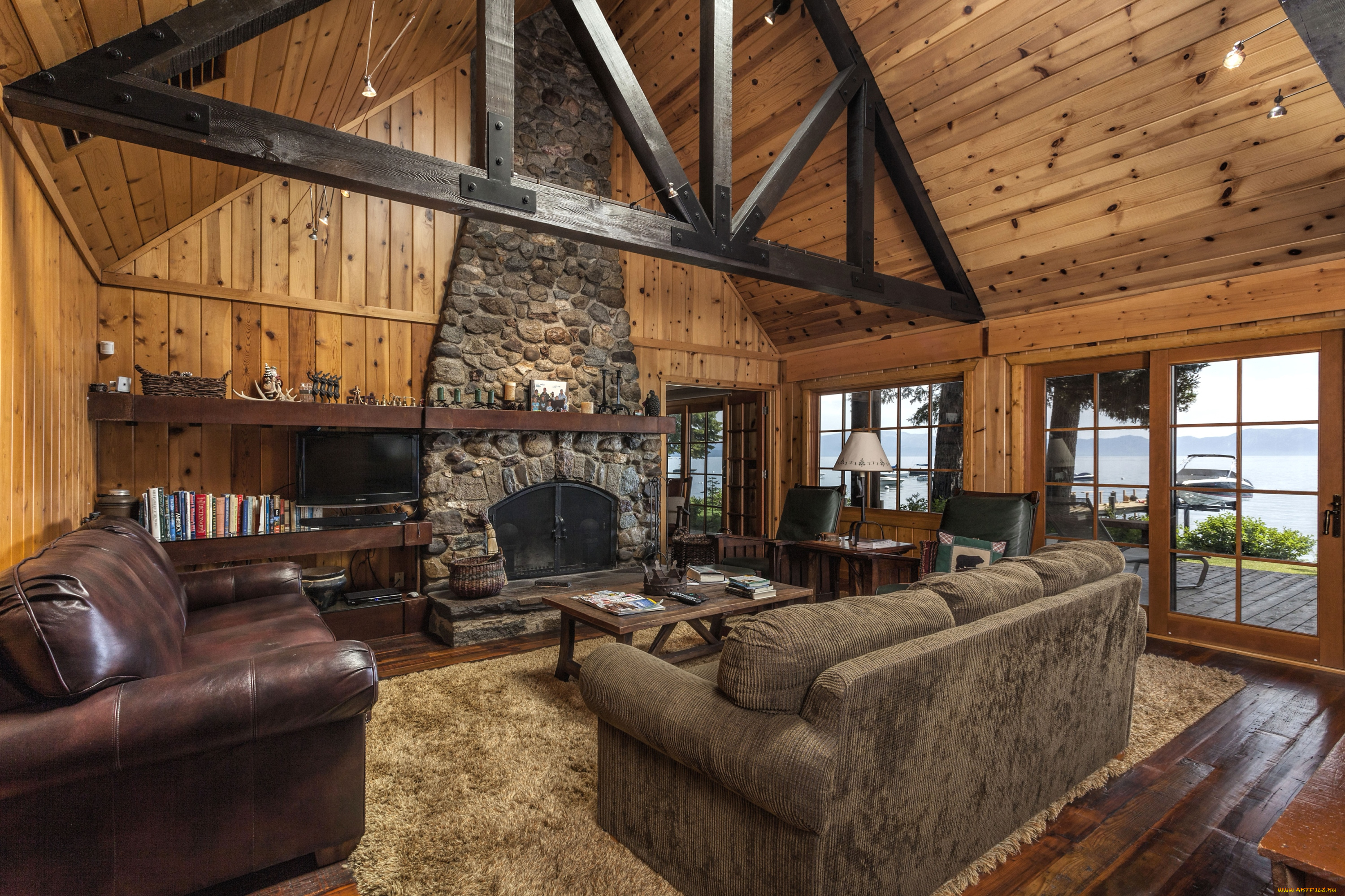 интерьер, гостиная, камин, диваны