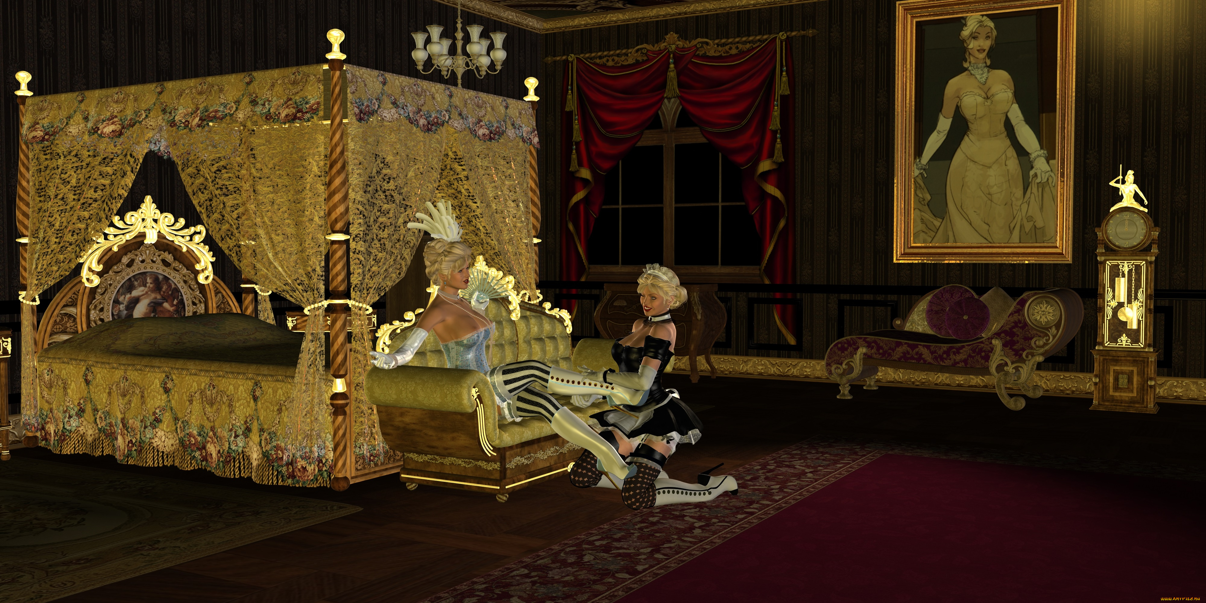 3д, графика, people, люди, комната, кровать, картина, диван, девушки