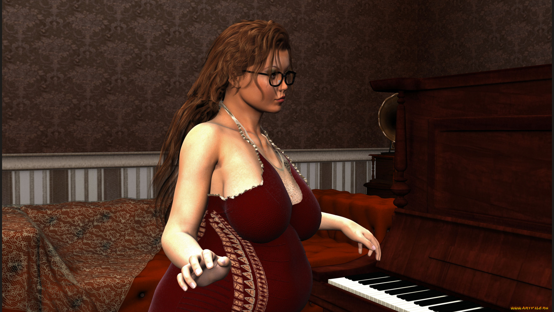 3д, графика, люди, , people, девушка, пианино, диван, взгляд