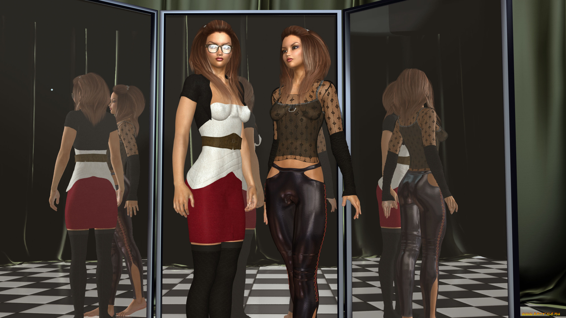 3д, графика, люди, , people, зеркала, взгляд, девушки