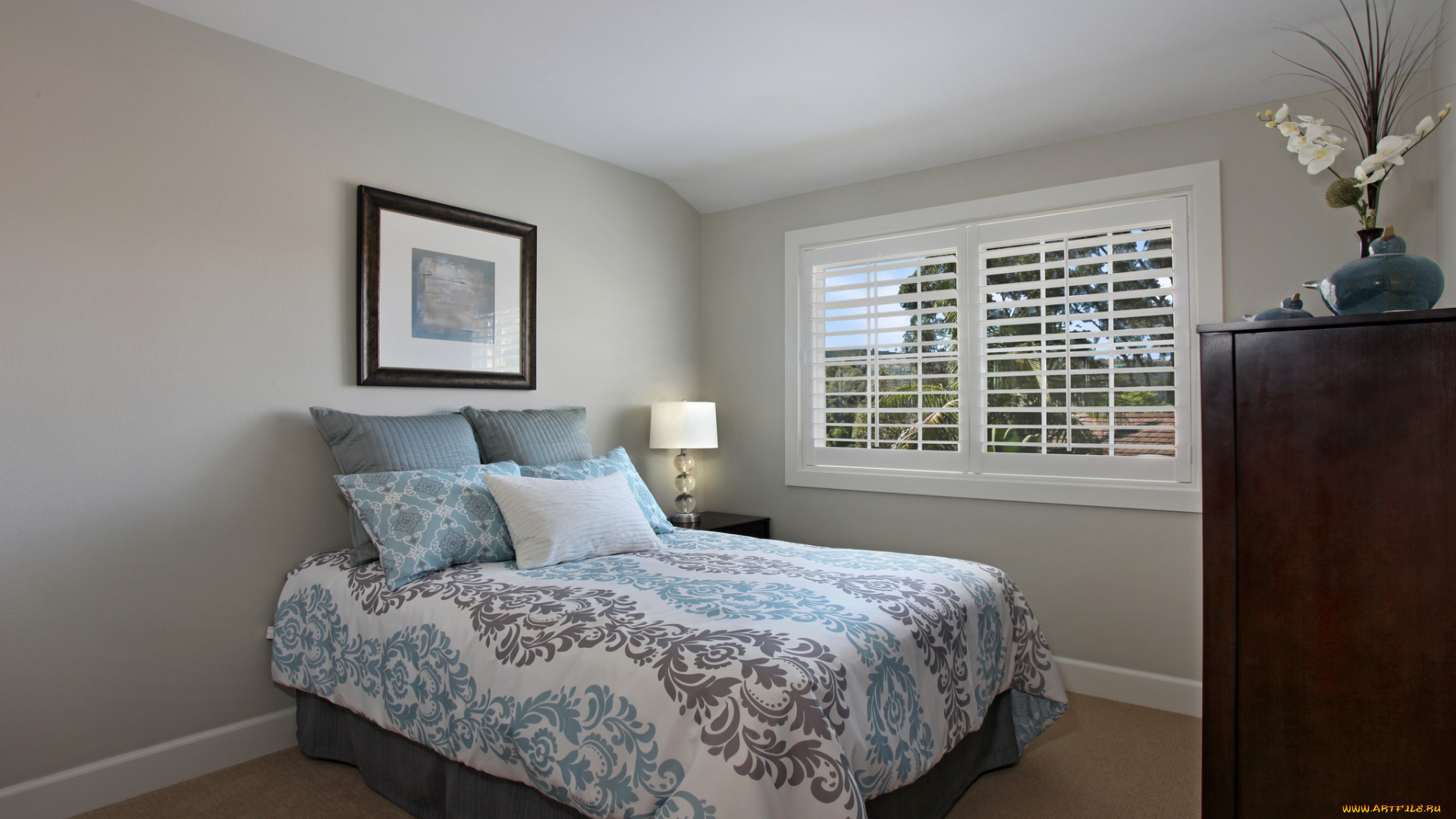 интерьер, спальня, цветок, постель, картина, дизайн, стиль, белье