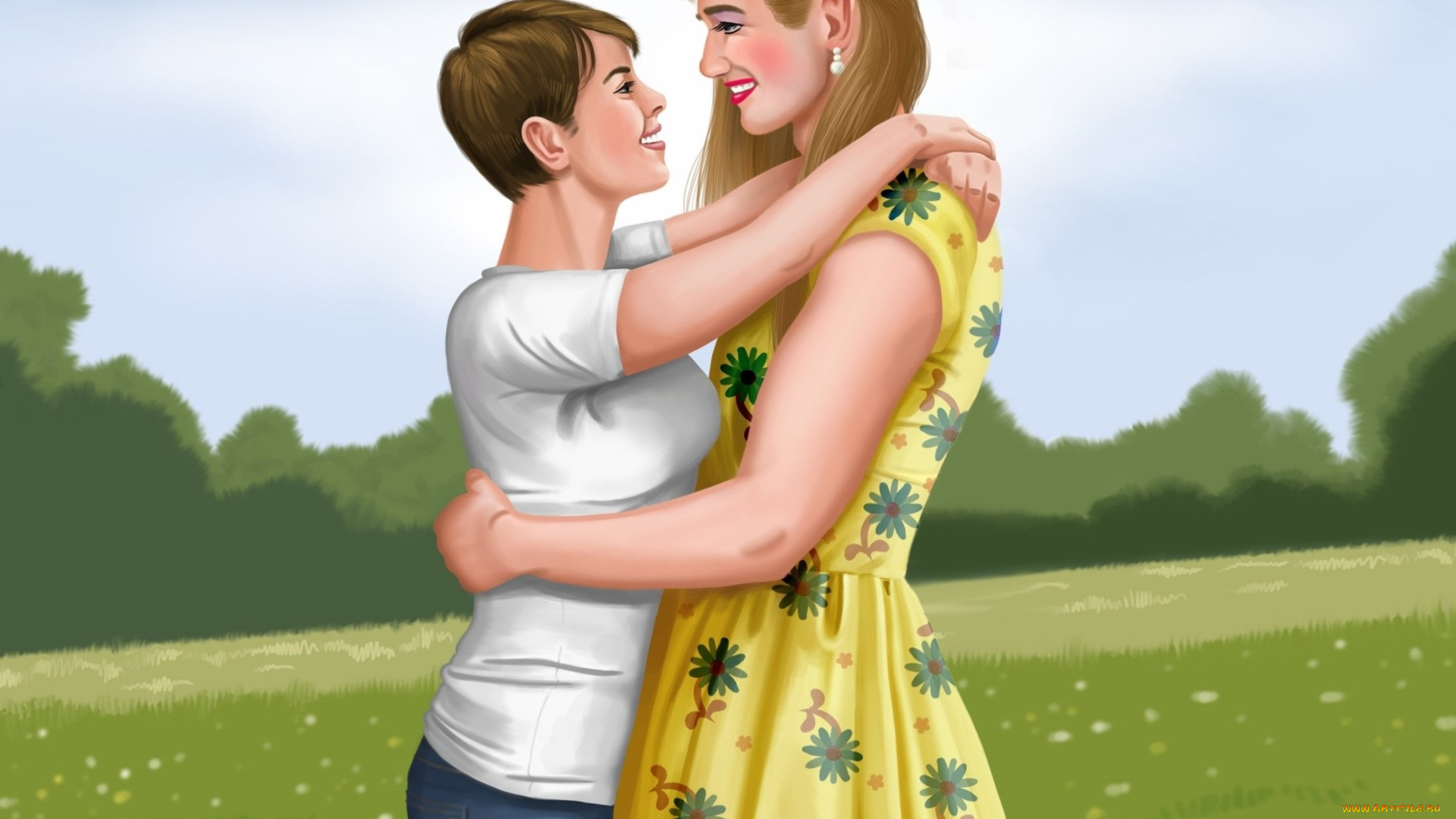 векторная, графика, девушки, улыбка, взгляд