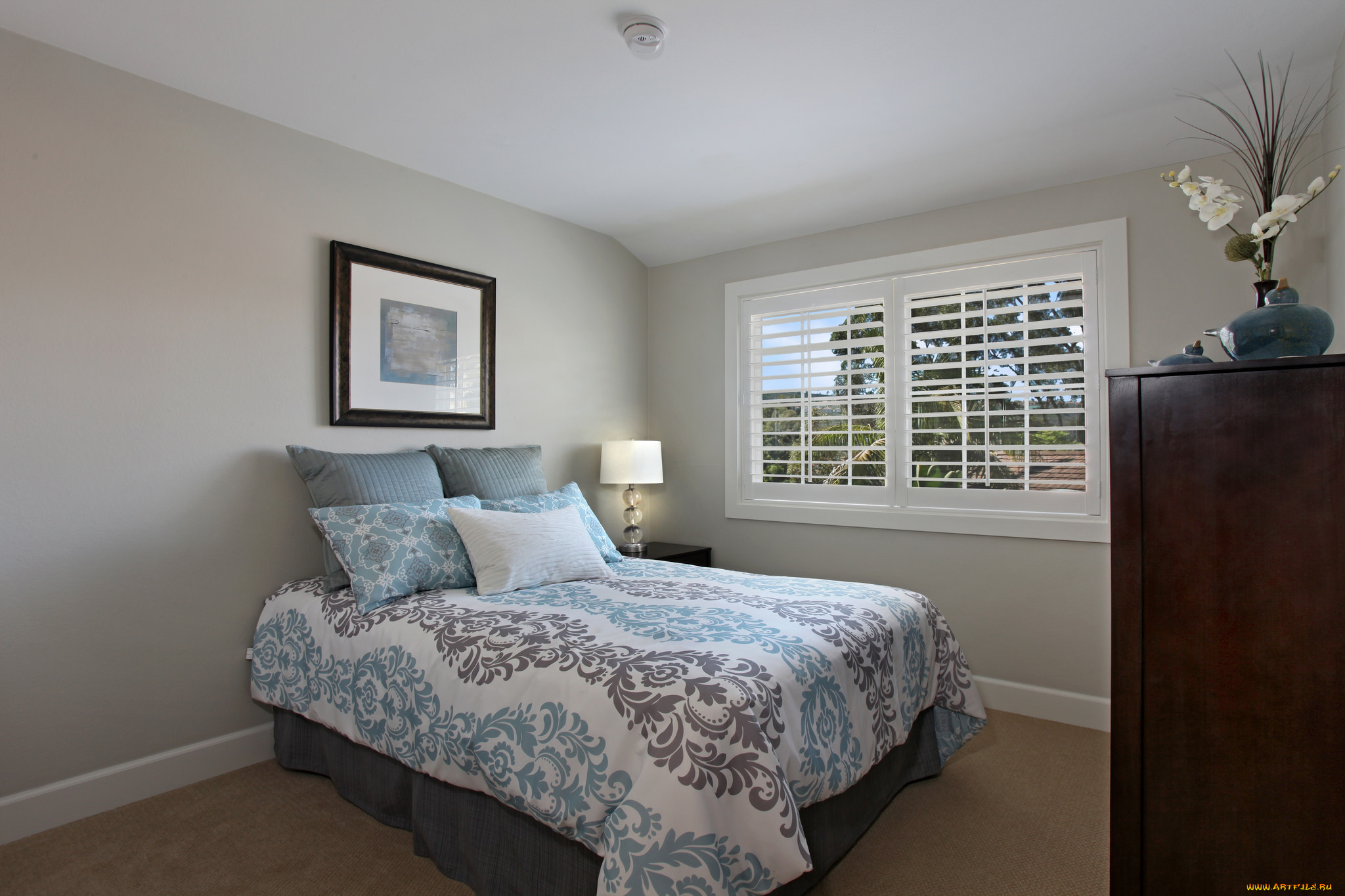 интерьер, спальня, цветок, постель, картина, дизайн, стиль, белье