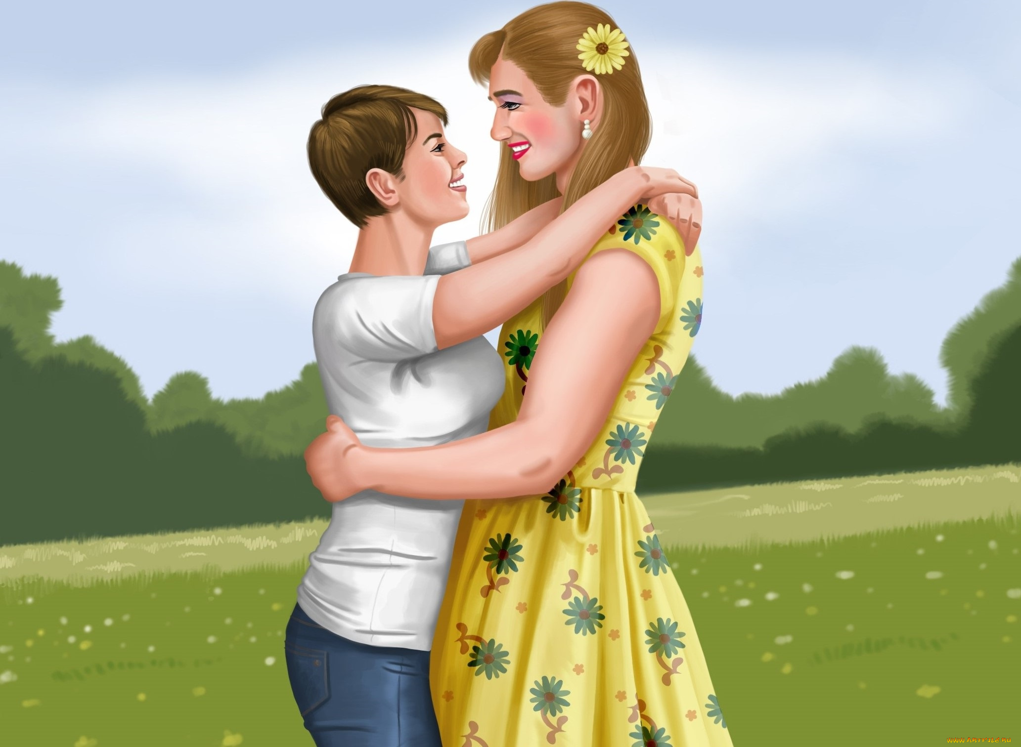 векторная, графика, девушки, улыбка, взгляд