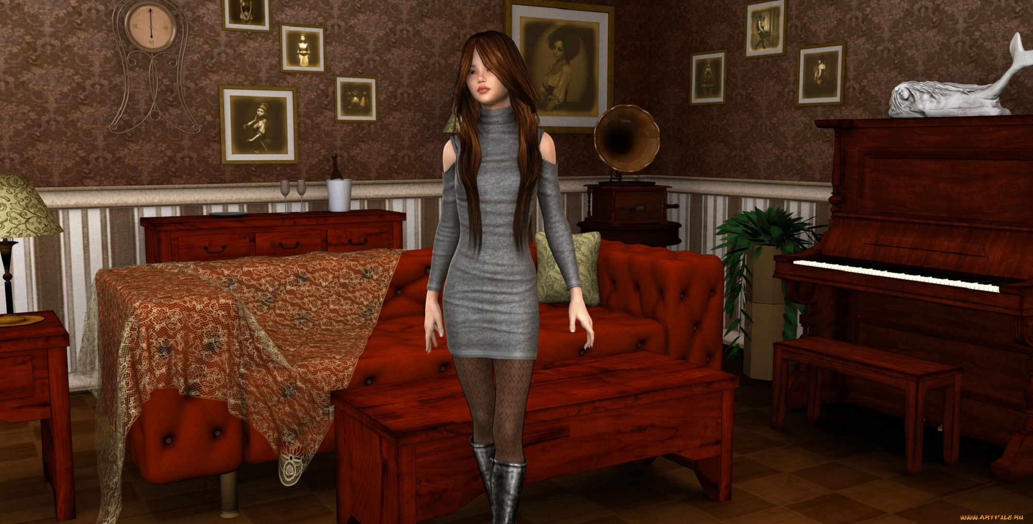 3д, графика, люди, , people, картины, девушка, взгляд, диван