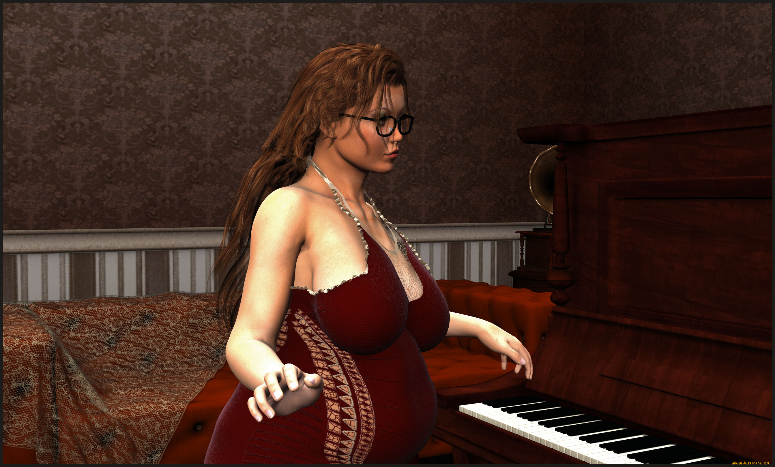 3д, графика, люди, , people, девушка, пианино, диван, взгляд