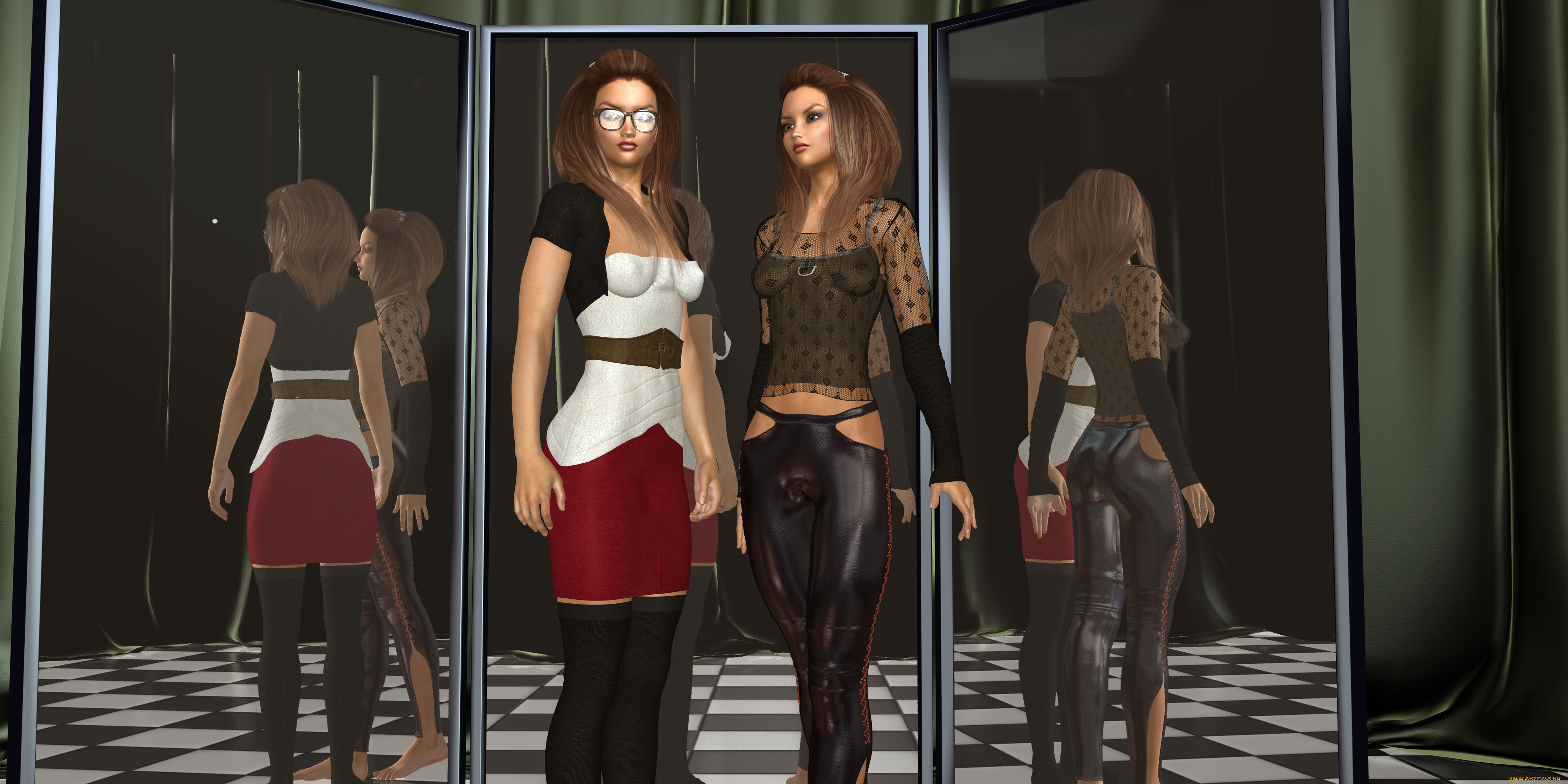 3д, графика, люди, , people, зеркала, взгляд, девушки