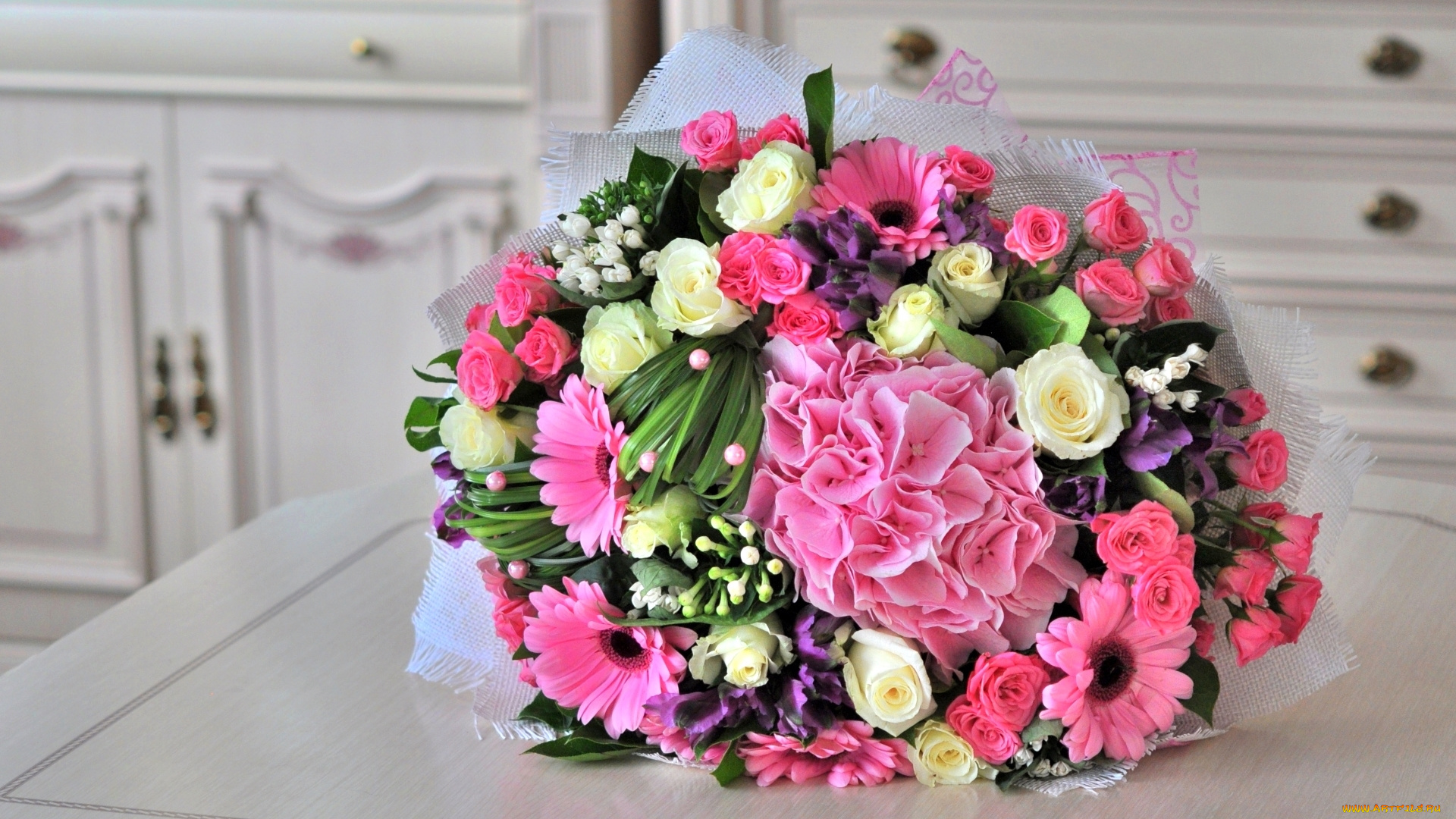 цветы, букеты, , композиции, гортензия, букет, розы, гербера