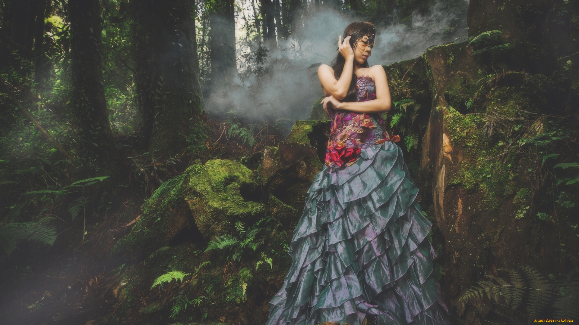 девушки, -unsort, , азиатки, азиатка, платье, маска, лес