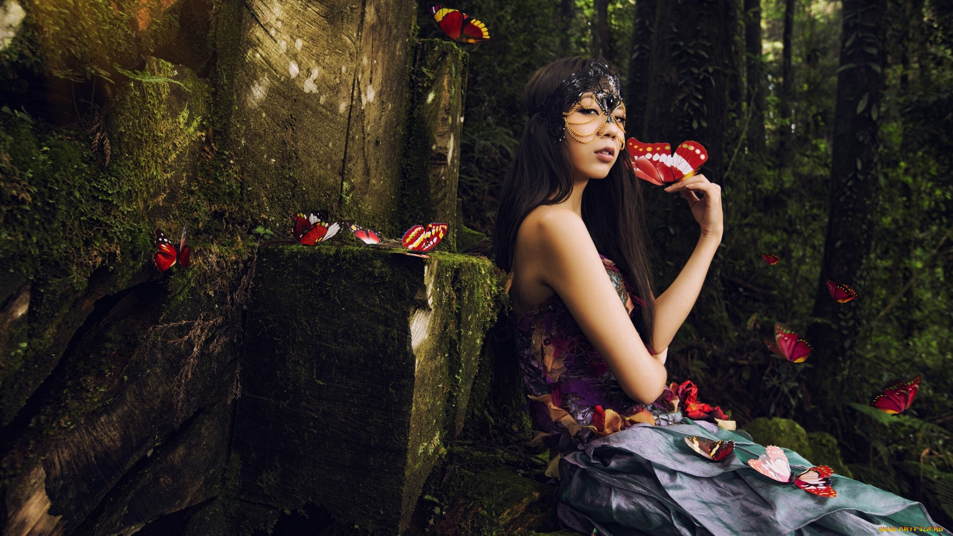 девушки, -unsort, , азиатки, настроение, бабочки, азиатка, лес, маска